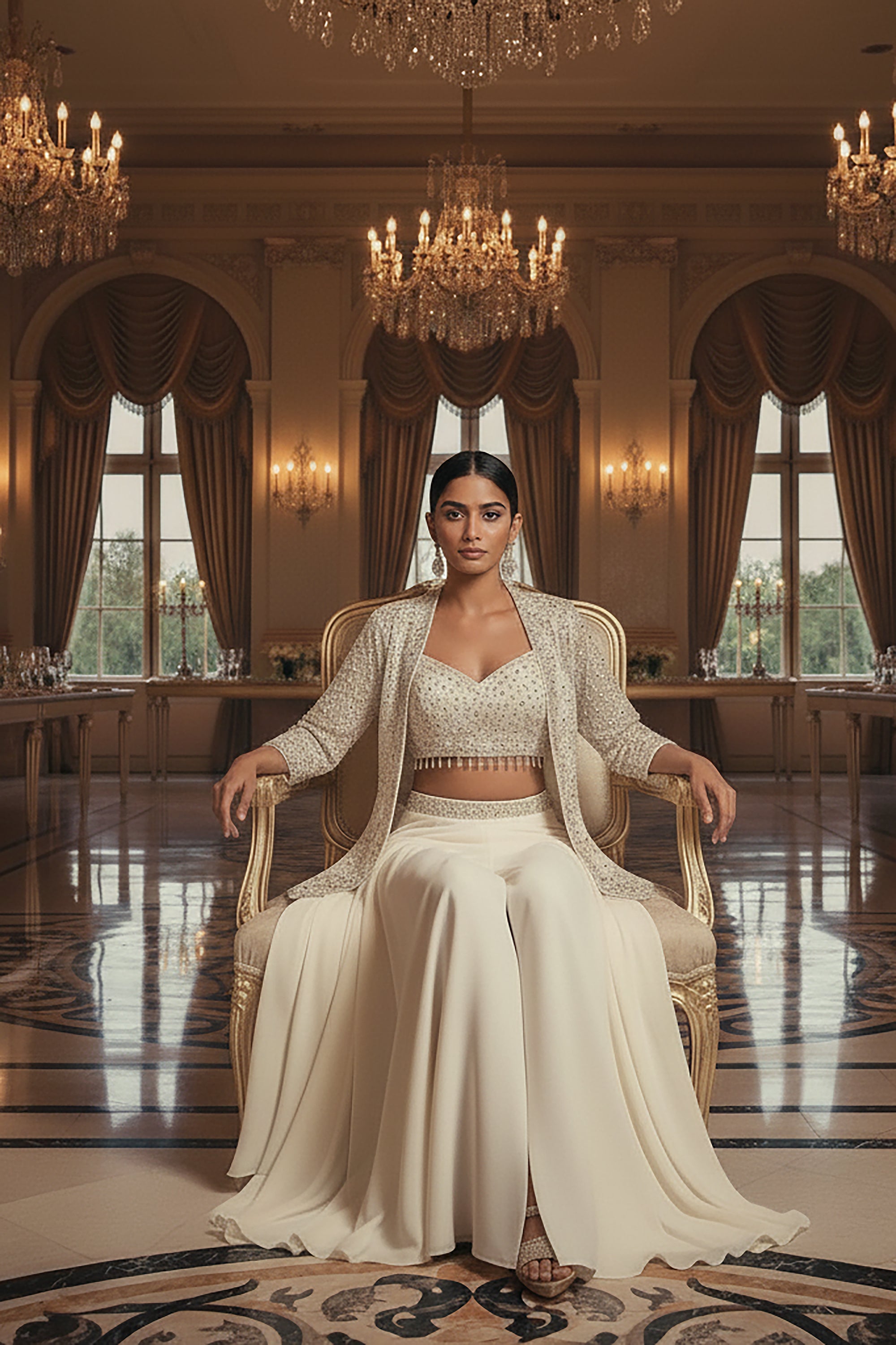 Pearl Glow: Off - White Indo - Western Palazzo Suit with Crop Top & Jacket – Palkhi Fashion