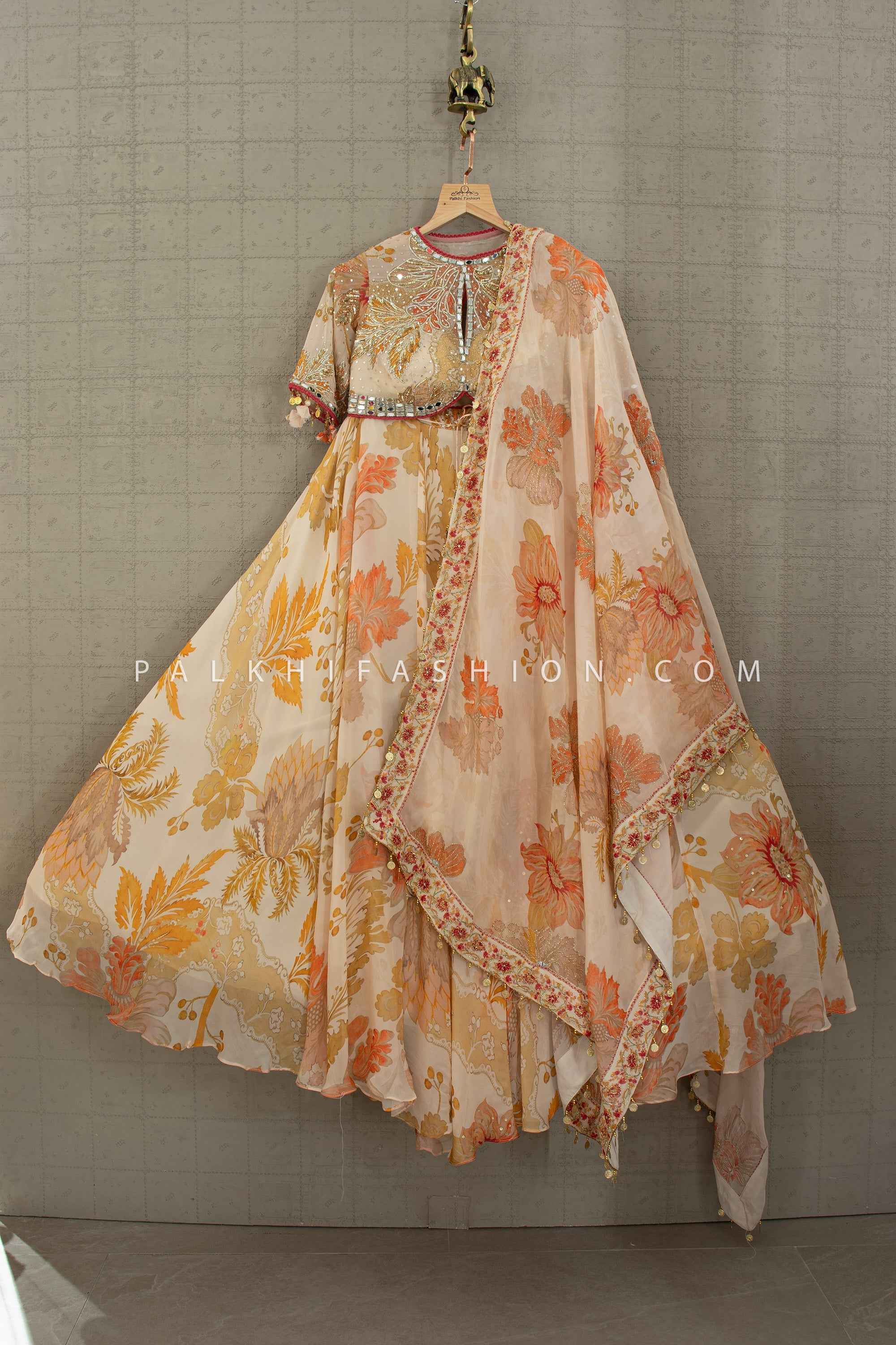 Petal Radiance— Champagne Peach Floral Designer Lehenga Set | Palkhi Fashion