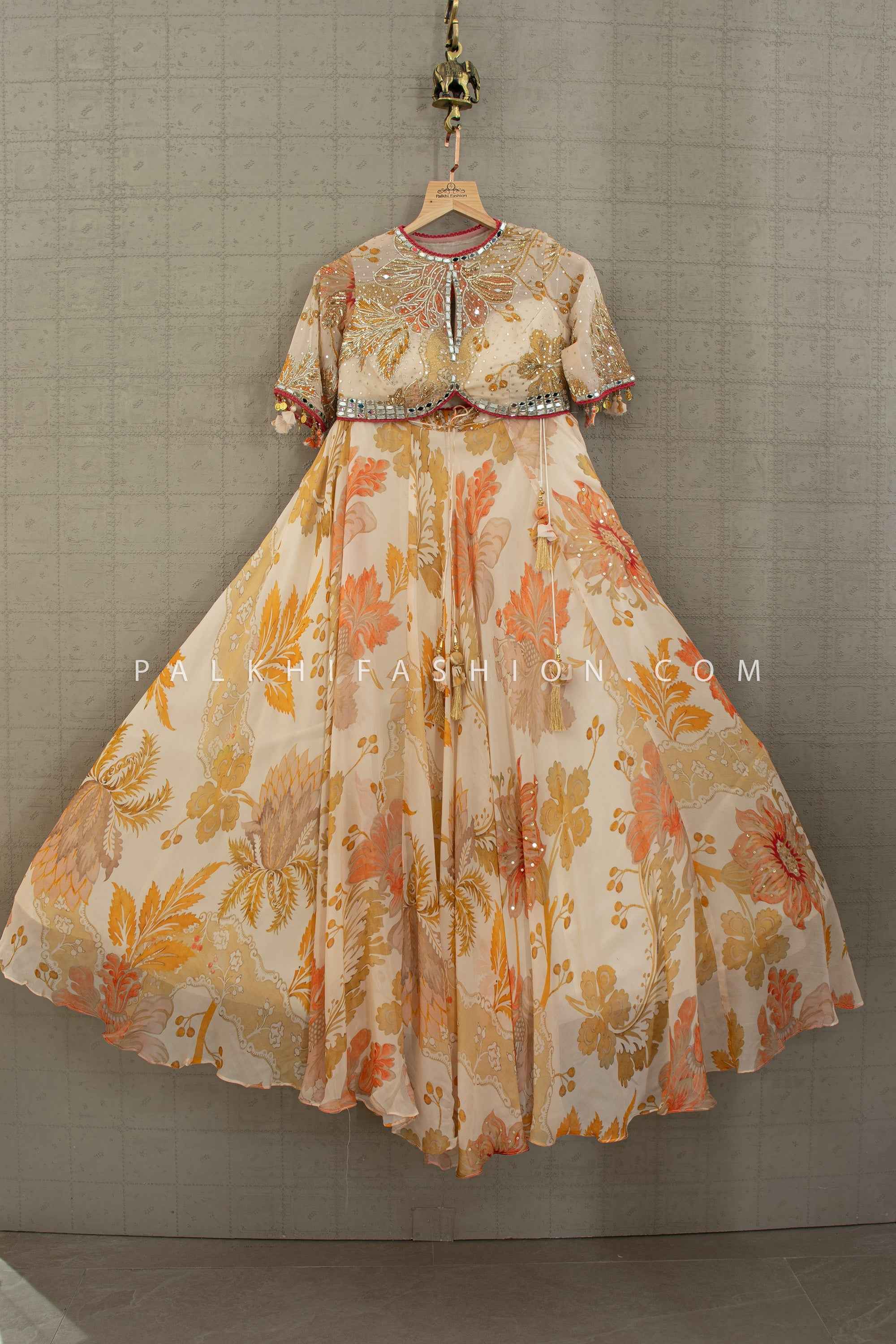 Petal Radiance— Champagne Peach Floral Designer Lehenga Set | Palkhi Fashion