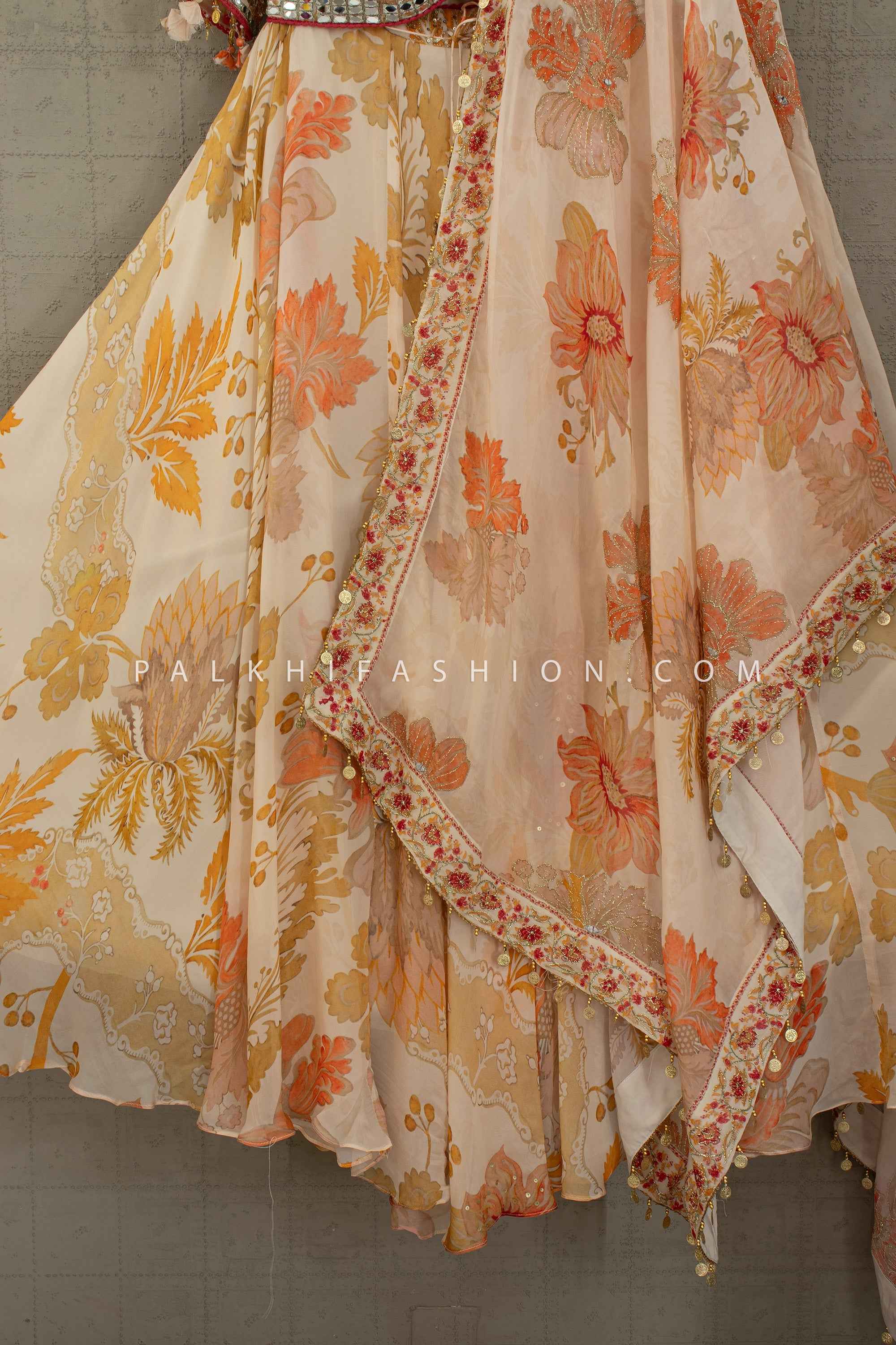 Petal Radiance— Champagne Peach Floral Designer Lehenga Set | Palkhi Fashion