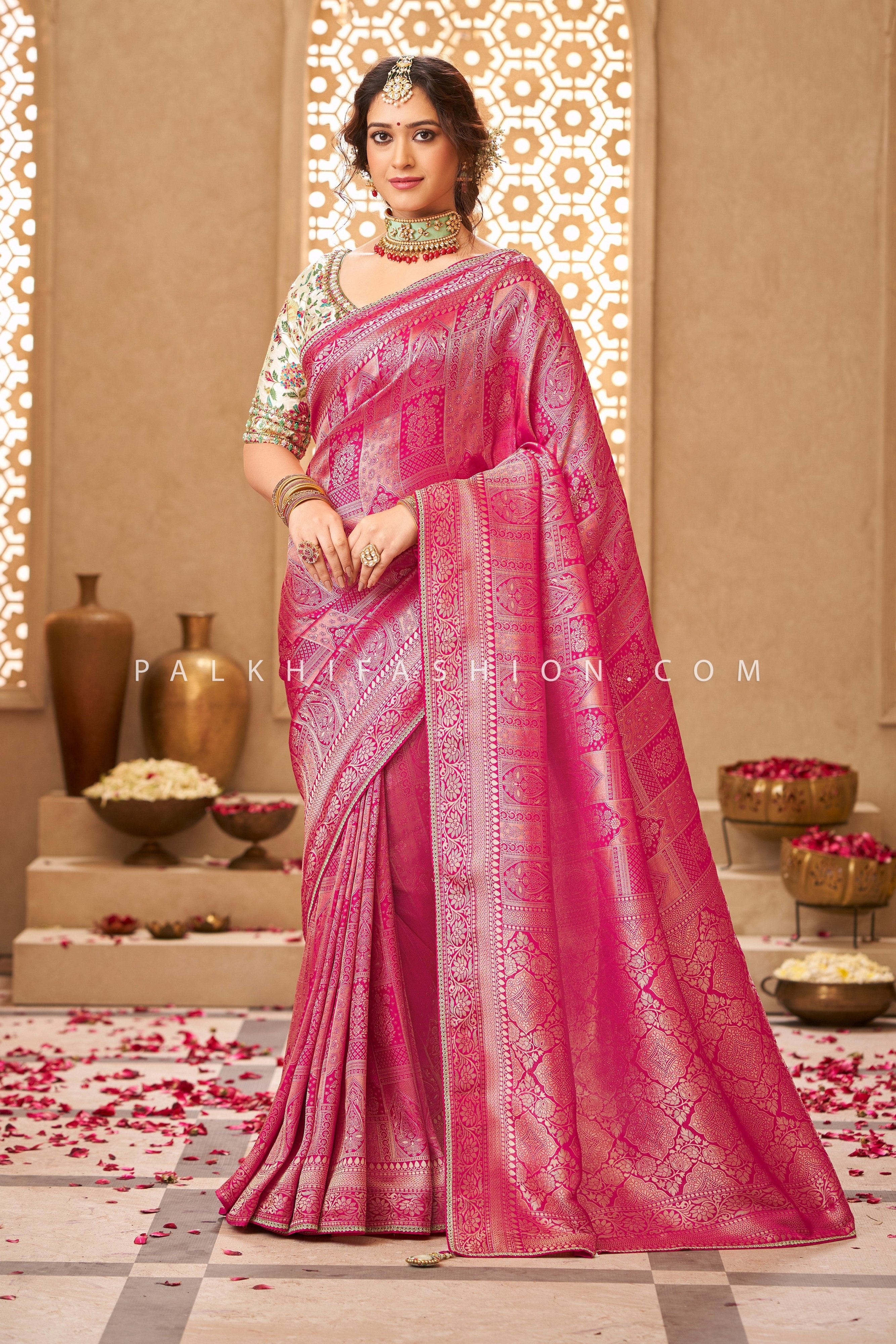 🌸 Petals & Paisleys: A Banarasi Silk Saree in Pink Color With Readymade Blouse
