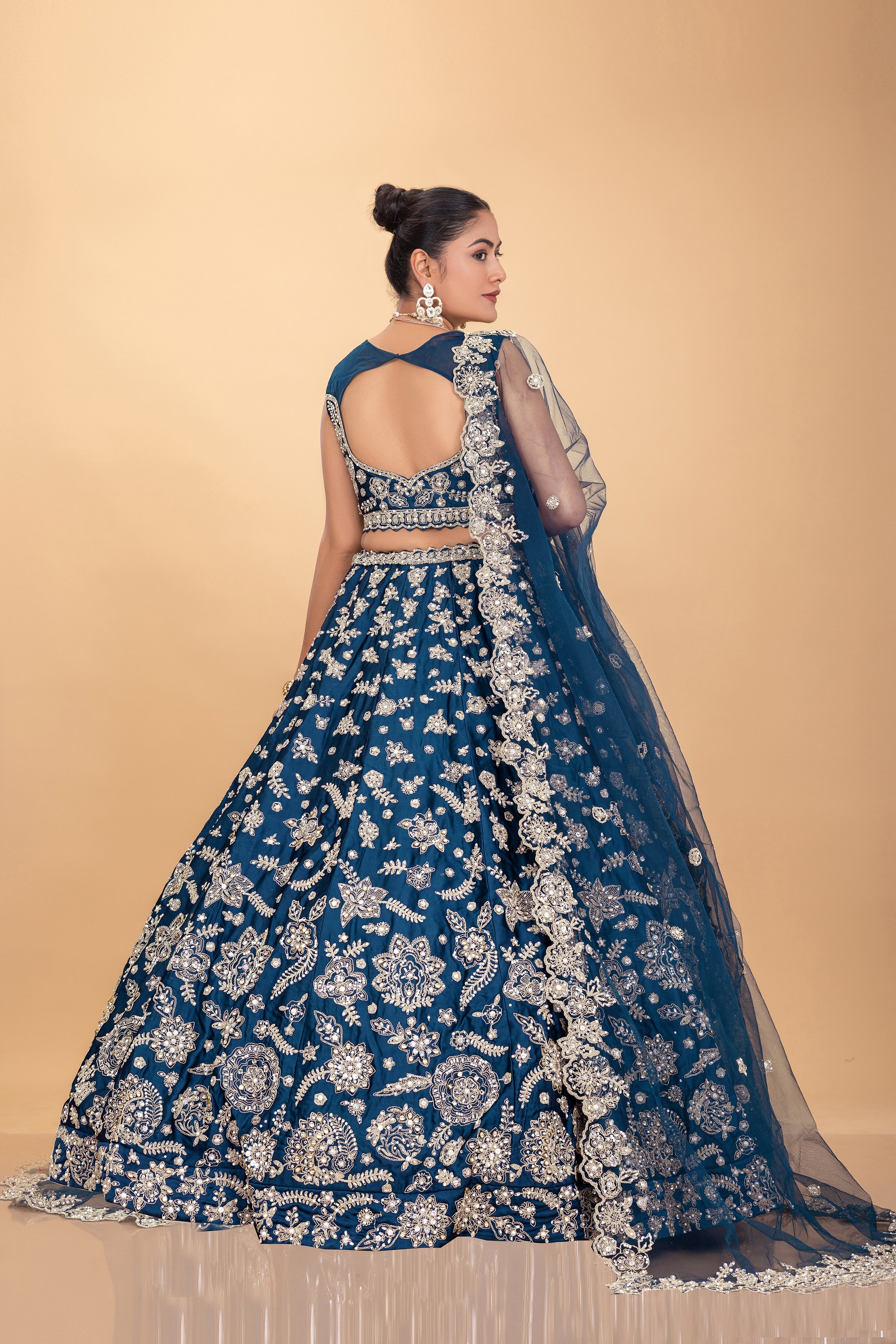 Petrol Blue Silk Lehenga Choli with Mirror Work - Palkhi Fashion