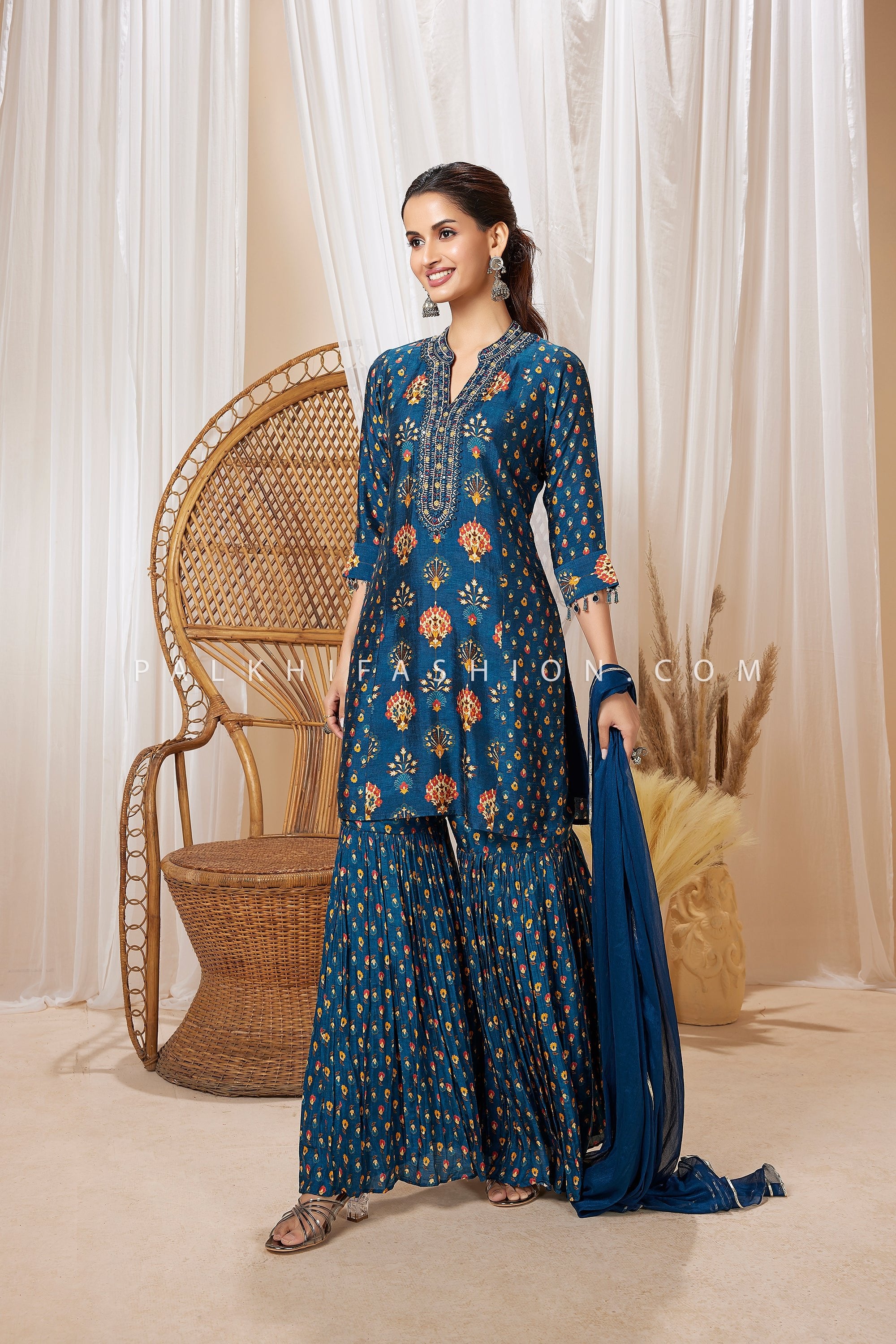Petrol Blue Soft Cotton Silk Printed Kurta Sharara Set – Palkhi Fashion