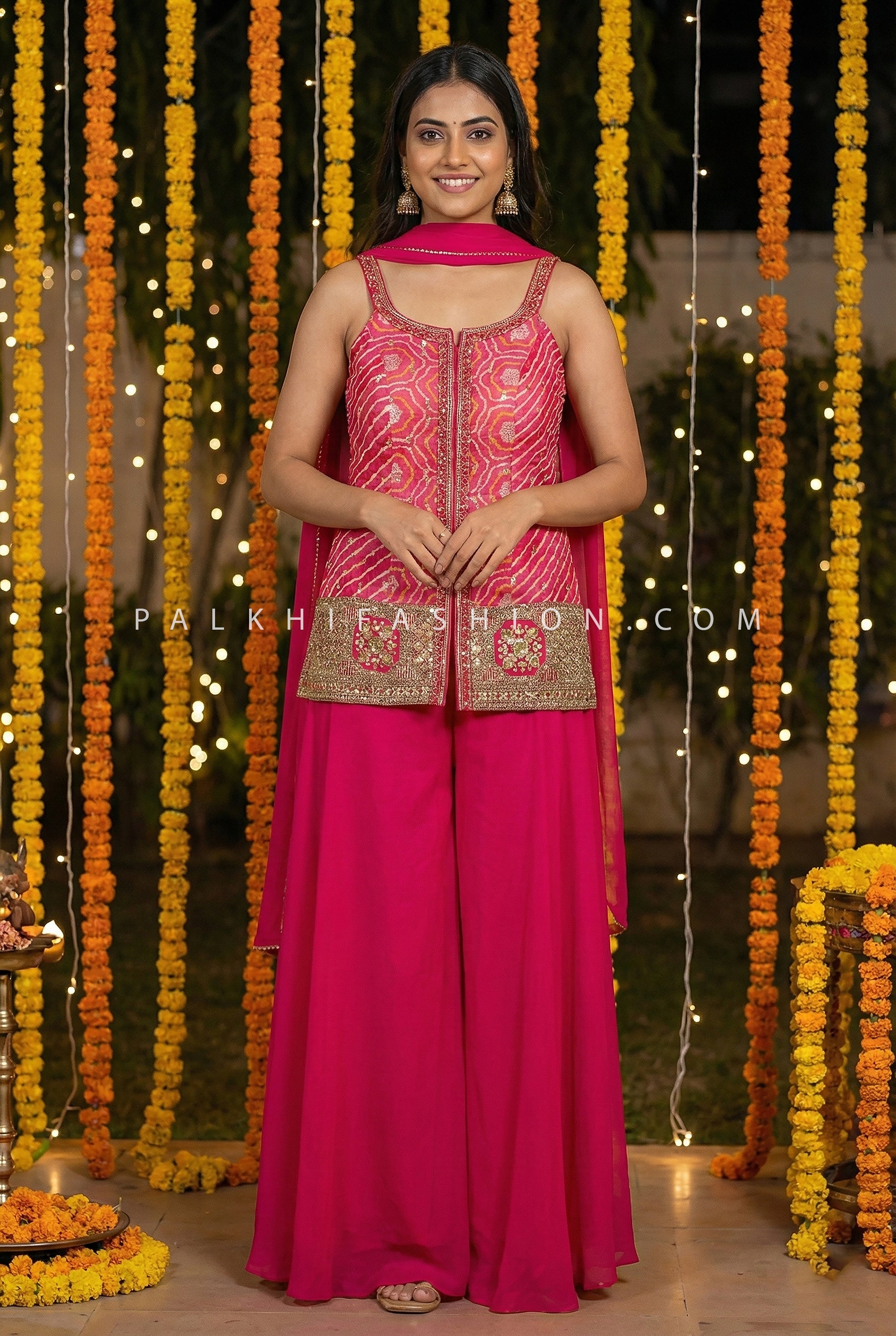 Pink Leheriya Bandhani Palazzo Set with Mirror & Stone Handwork | Palkhi Fashion