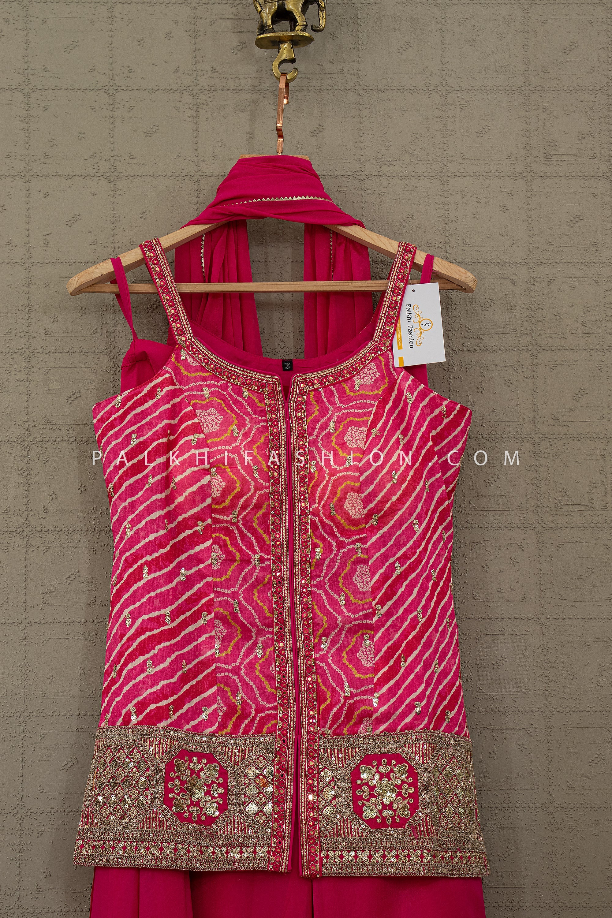 Pink Leheriya Bandhani Palazzo Set with Mirror & Stone Handwork | Palkhi Fashion