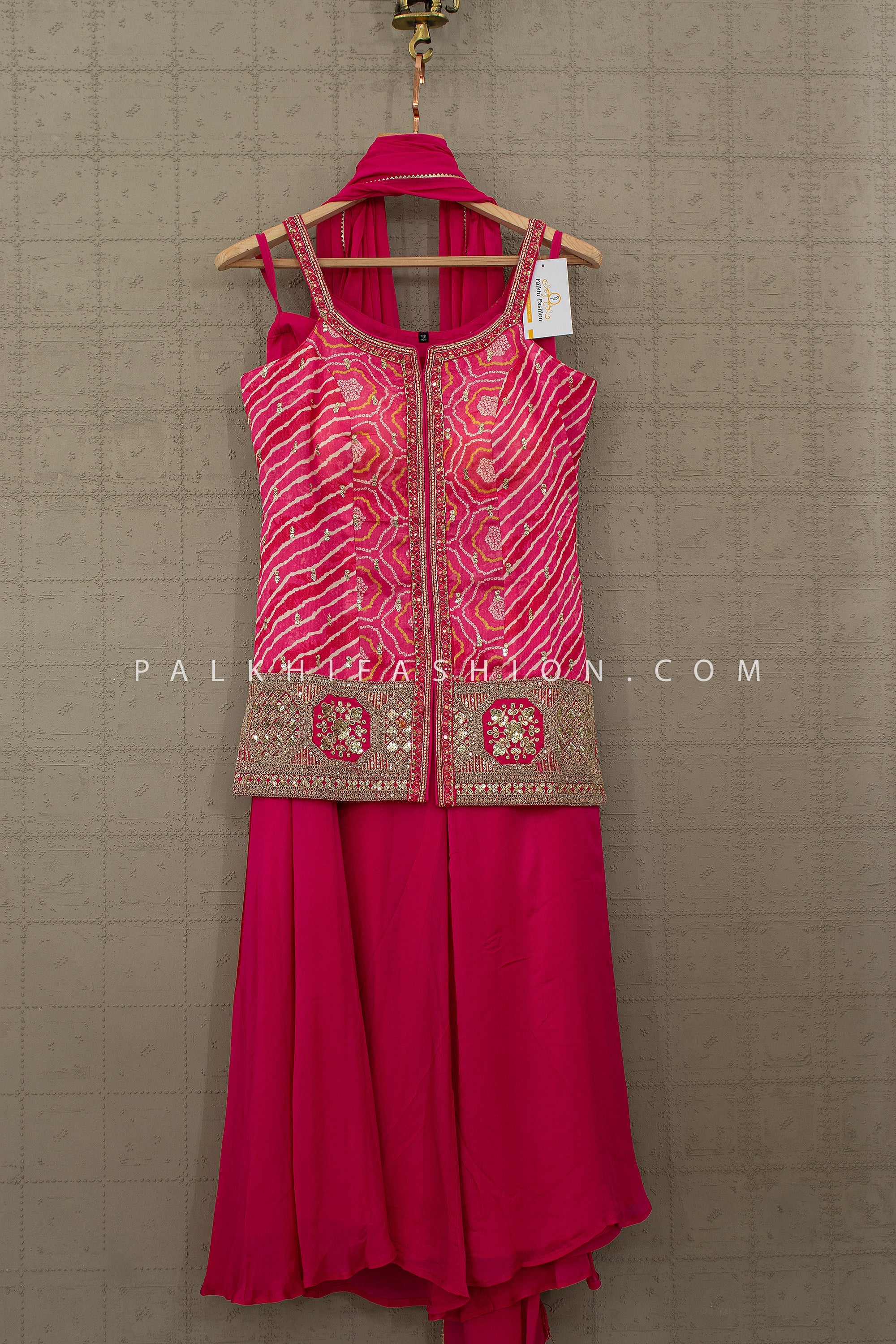 Pink Leheriya Bandhani Palazzo Set with Mirror & Stone Handwork | Palkhi Fashion