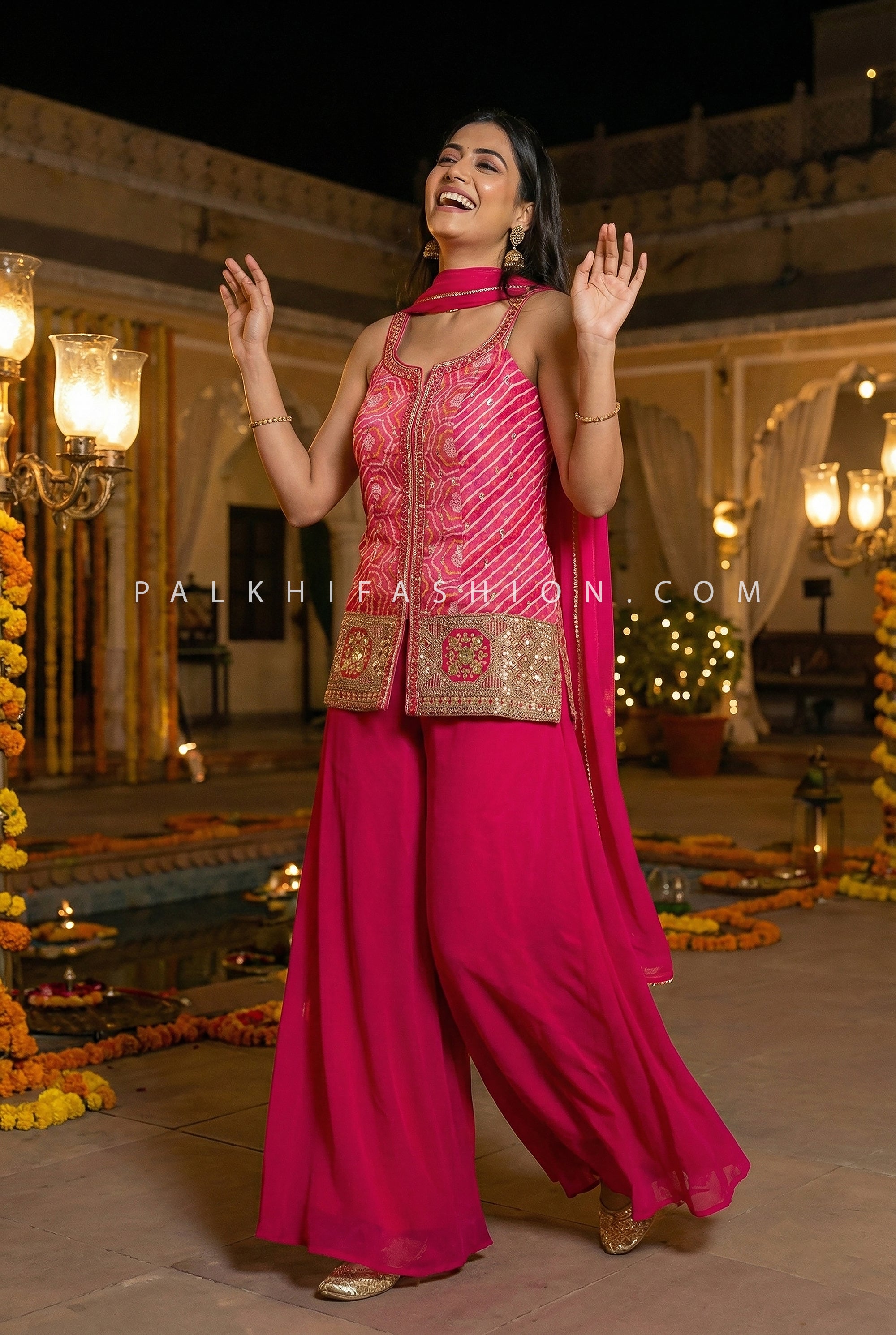 Pink Leheriya Bandhani Palazzo Set with Mirror & Stone Handwork | Palkhi Fashion