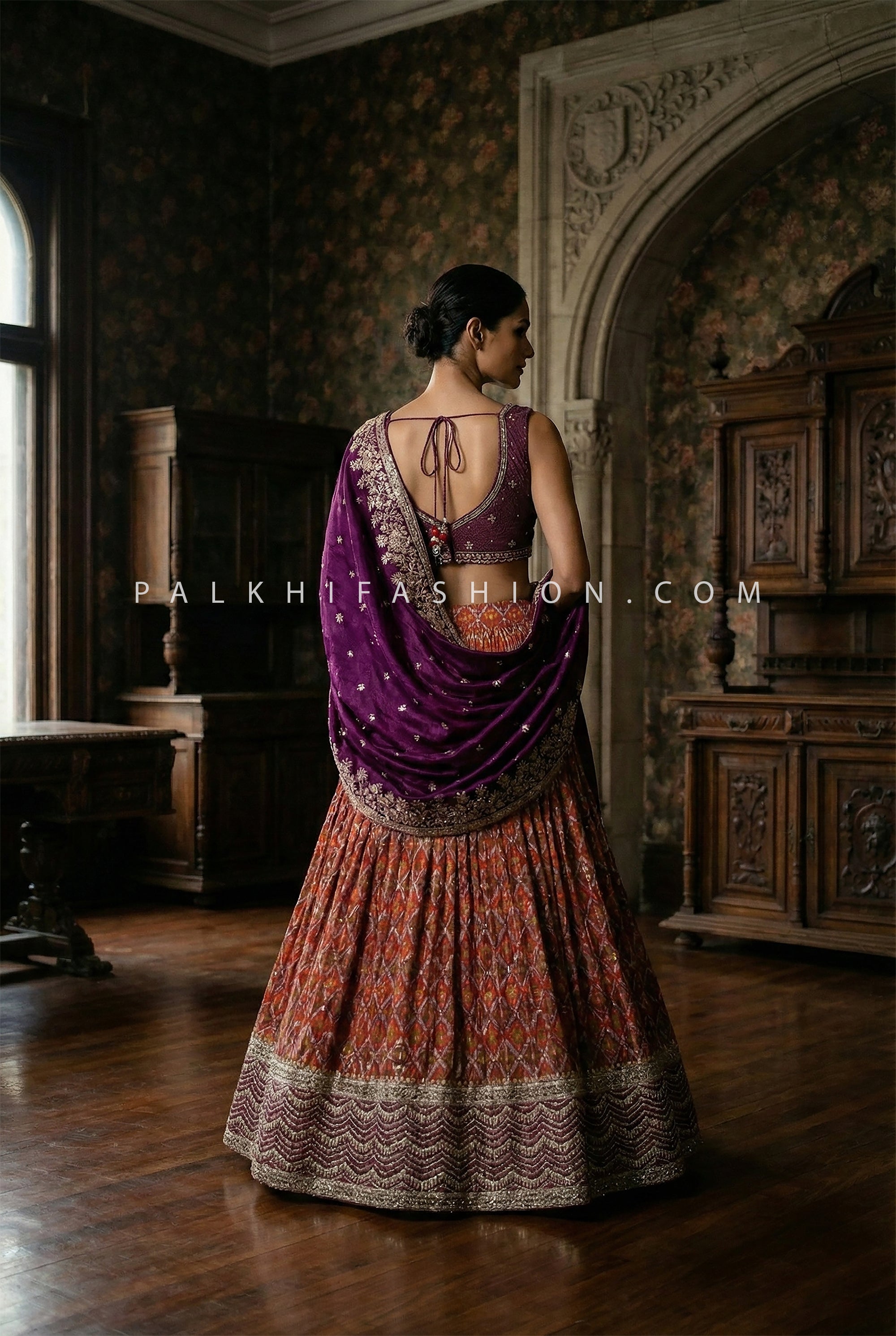 Plum Royal Patola Designer Lehenga Ikat Print Ensemble | Palkhi Fashion