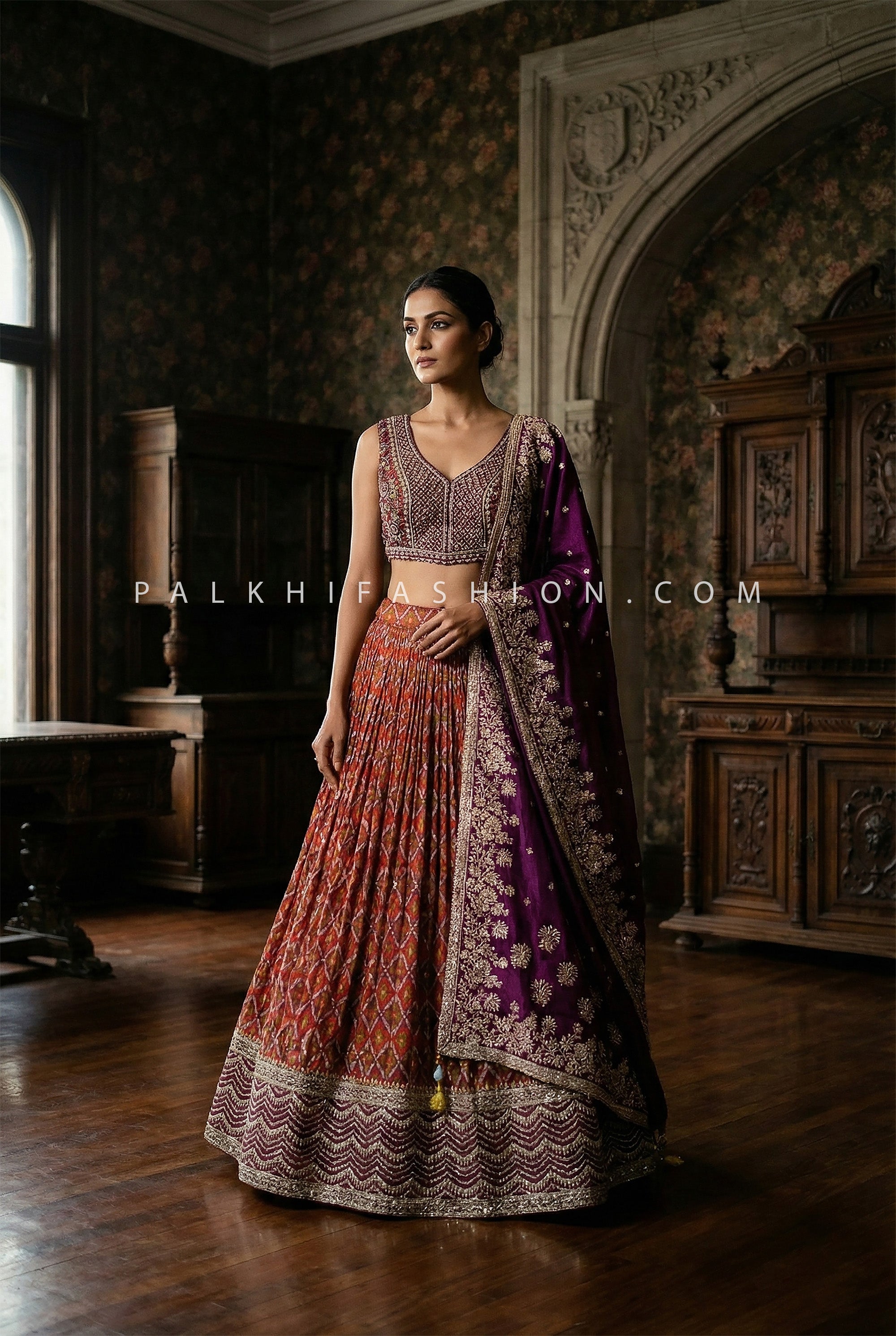 Plum Royal Patola Designer Lehenga Ikat Print Ensemble | Palkhi Fashion