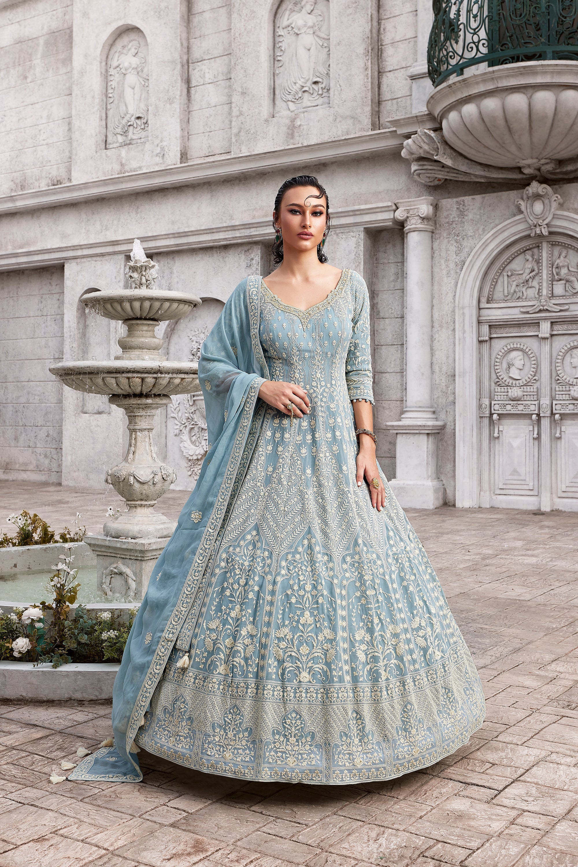 Powder Blue Royal Serenity – Anarkali Gown with Timeless Embroidery & Kundan Work | Palkhi Fashion