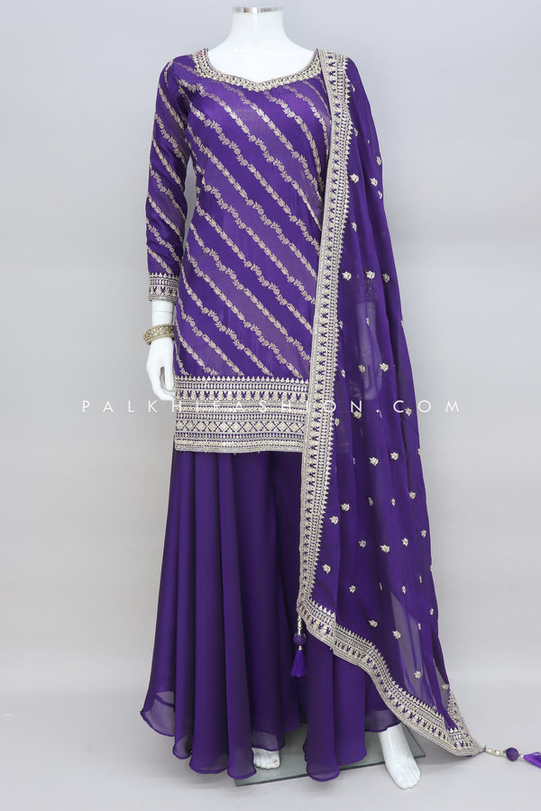 Pure Silk Embroidery Work Palazzo Outfit In Purple Color