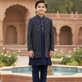 Prince of Midnight: Navy Blue Boys Indo Western Set with Embroidered Jacket – Palkhi Fashion