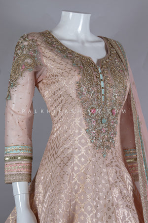 Pure Banarasi Silk Peach Indian Designer Outfit with Handwork