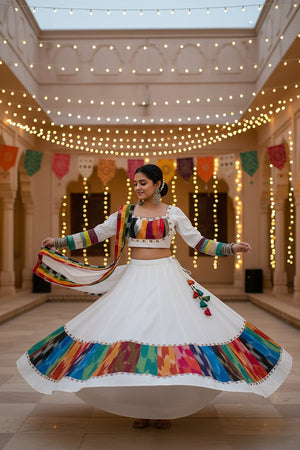 🌈 Raas Rhapsody: White Cotton Navratri Chaniya Choli with Multicolor Ikat – Palkhi Fashion