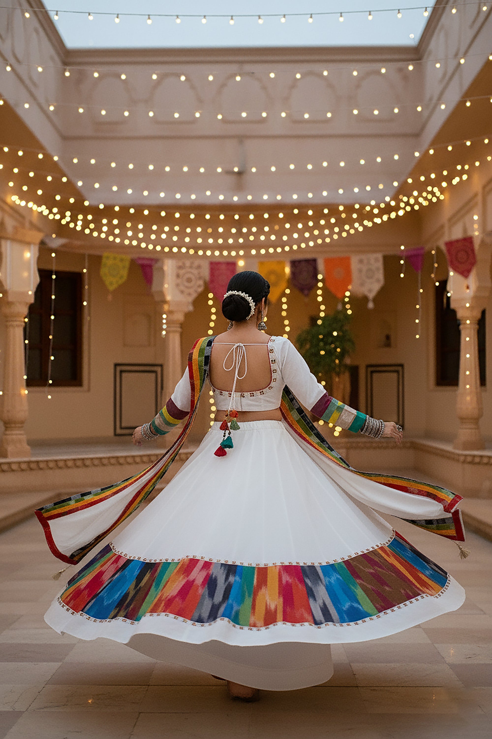 🌈 Raas Rhapsody: White Cotton Navratri Chaniya Choli with Multicolor Ikat – Palkhi Fashion