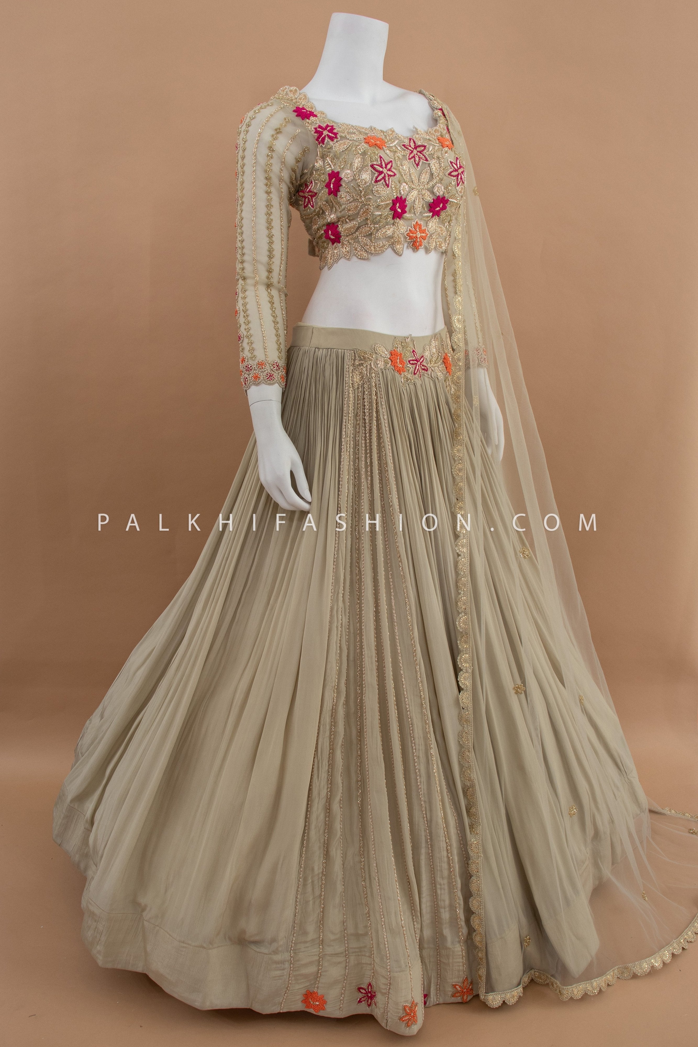 Radiant Reverie: Champagne Designer Lehenga Choli With Cutdana & Pearl Work