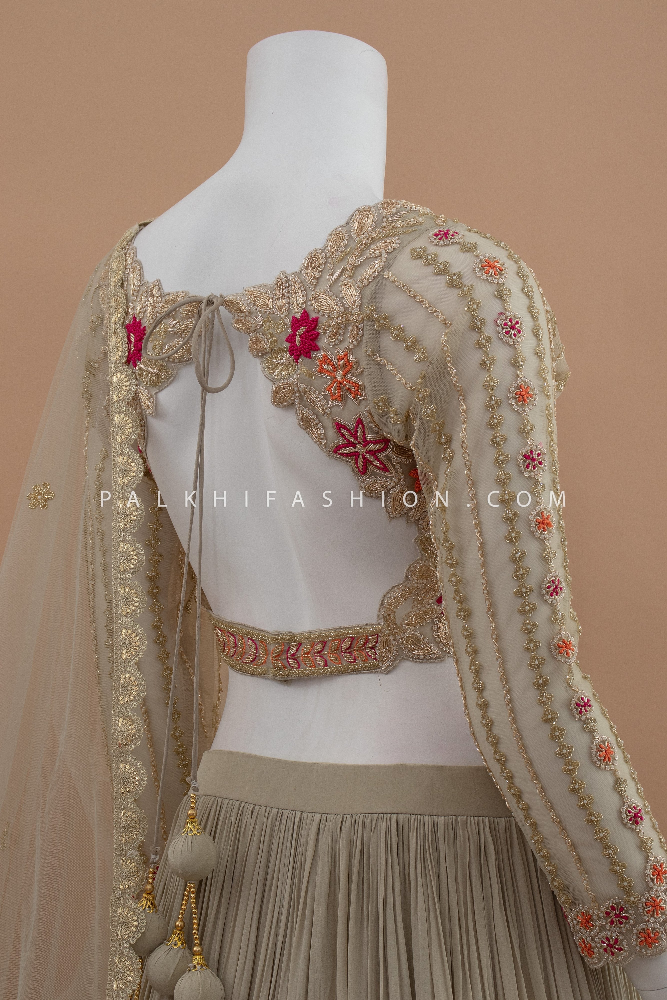 Radiant Reverie: Champagne Designer Lehenga Choli With Cutdana & Pearl Work