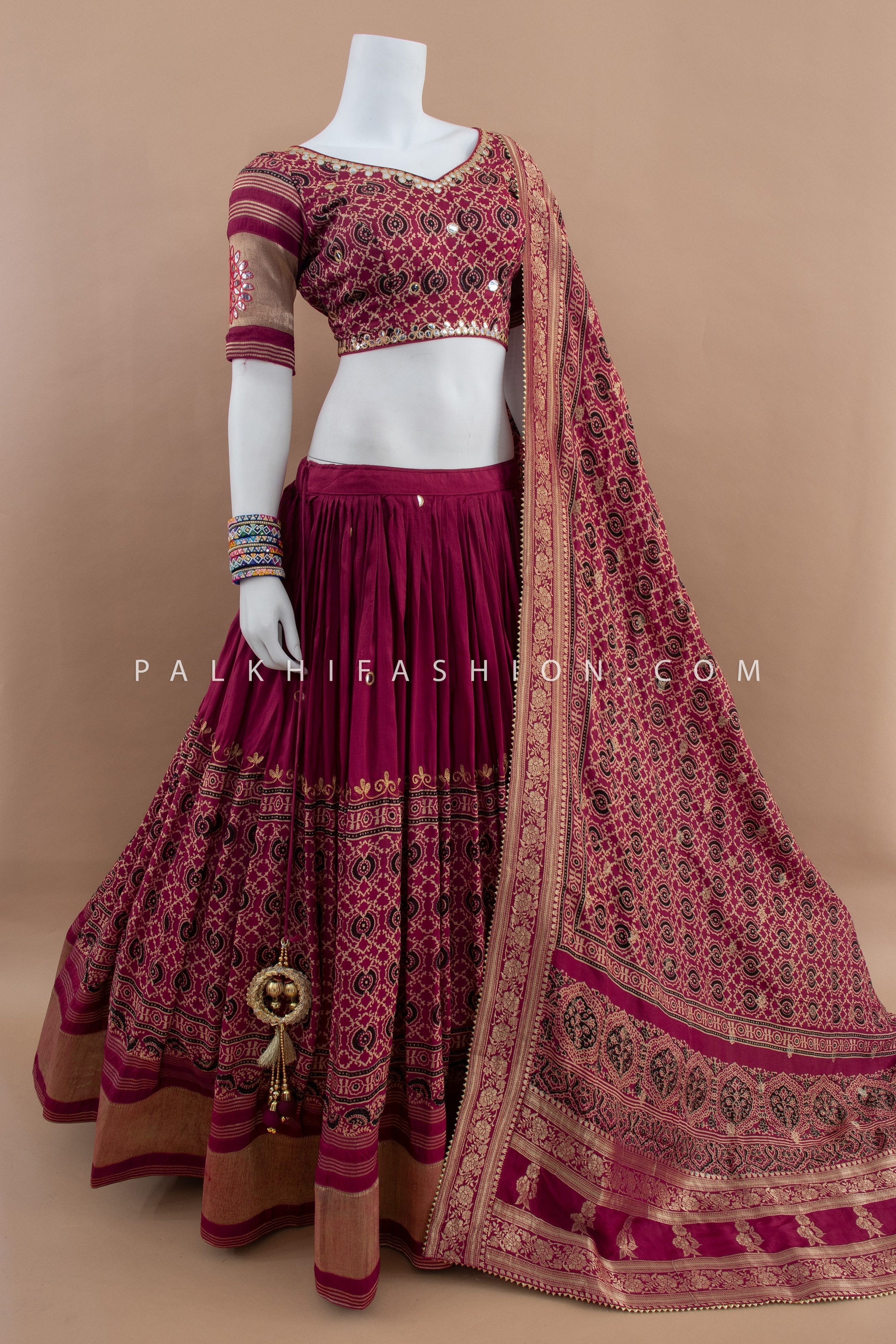 Rajasthani Ajarakh Elegance: Deep Magenta Ajarakh & Aari Work Navratri Chaniya Choli