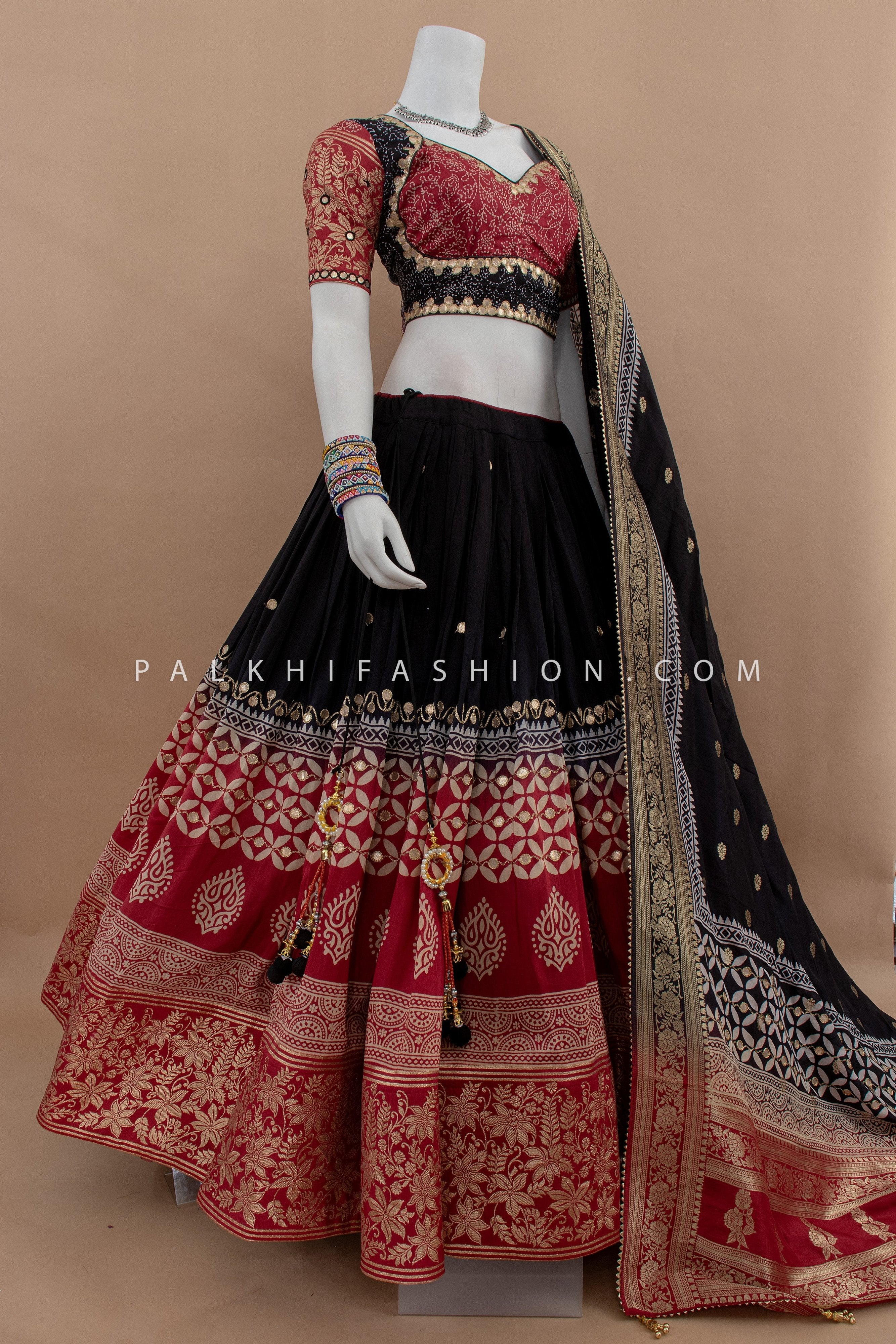 Rajasthani Majesty: Black & Maroon Soft Silk Chaniya Choli with Heritage work – Palkhi Fashion
