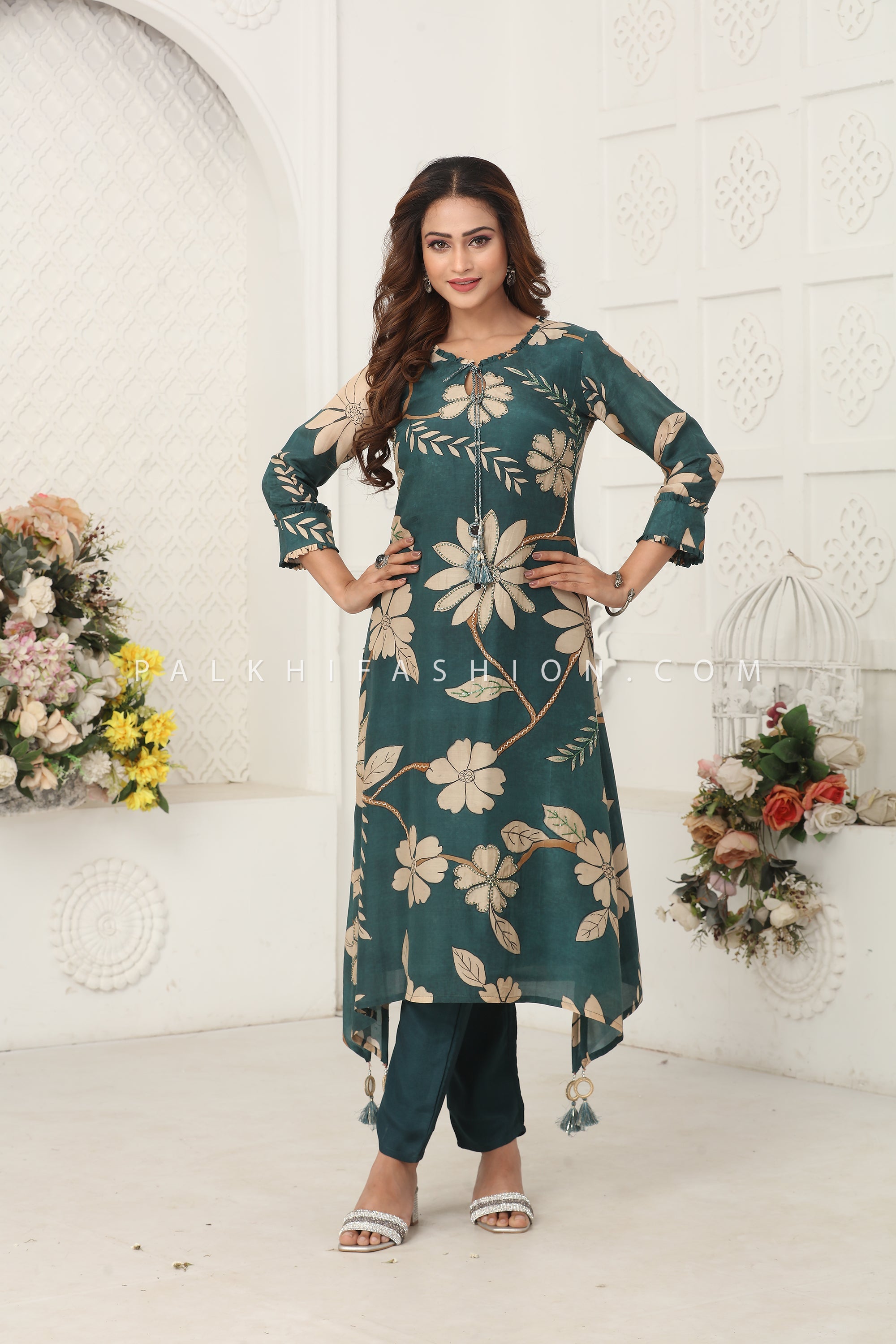 Rama Green Silk - Blend Floral Kurta Pant Set with Hand - Block Inspired Print – Palkhi Fashion