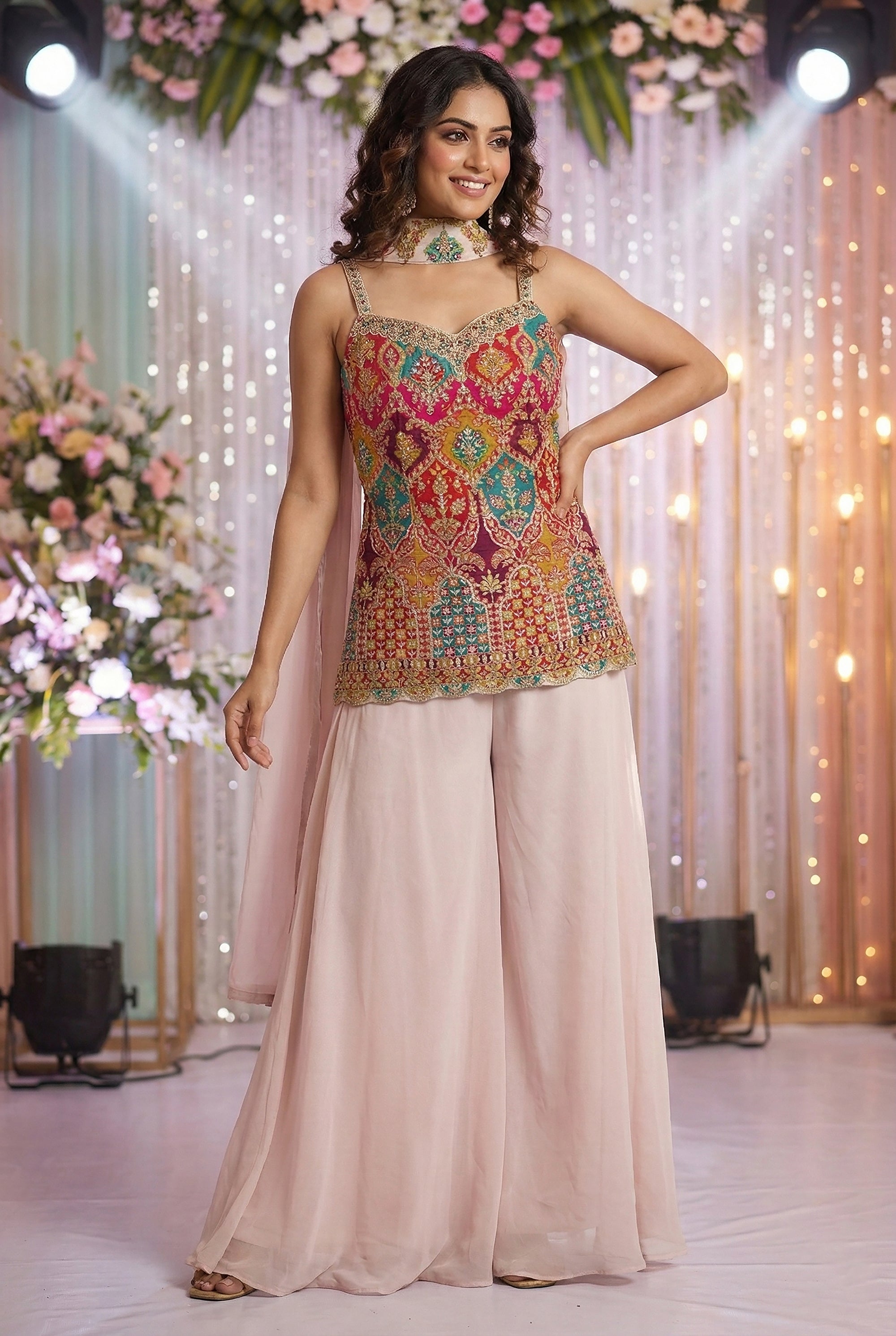 Rang Mahal Muse: Multicolor Embroidered Palazzo Set in Blush – Palkhi Fashion Houston