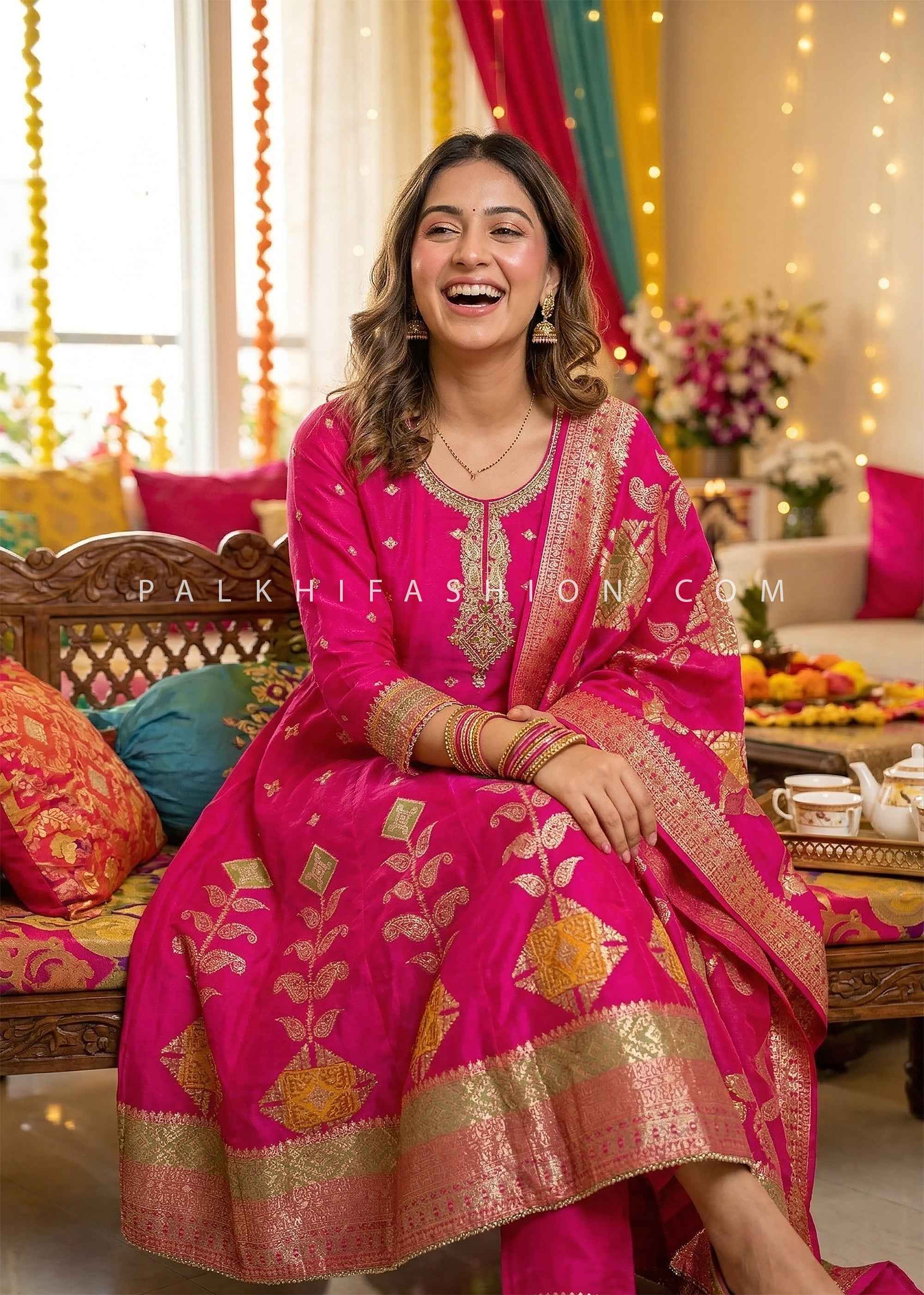 Rani Pink Banarasi Style Anarkali Suit – Palkhi Fashion