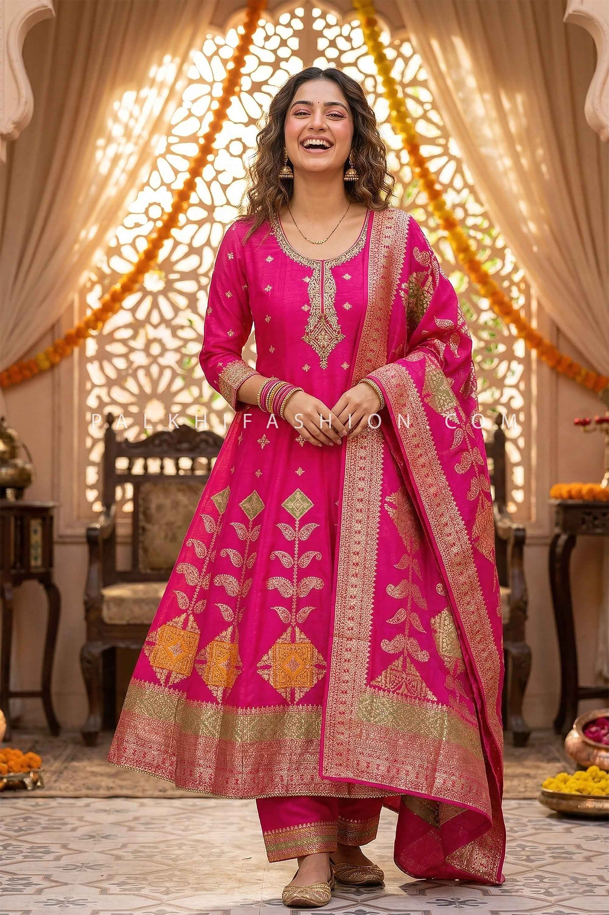 anarkali dress fashion Rani Pink Zari Woven Anarkali Suit Set