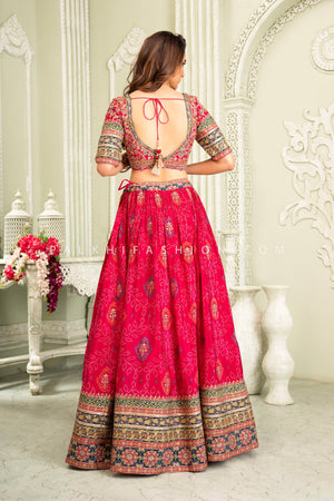 Rani Pink Bandhani Georgette Lehenga Choli with Handcrafted Work