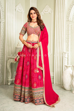 Rani Pink Bandhani Georgette Lehenga Choli with Handcrafted Work