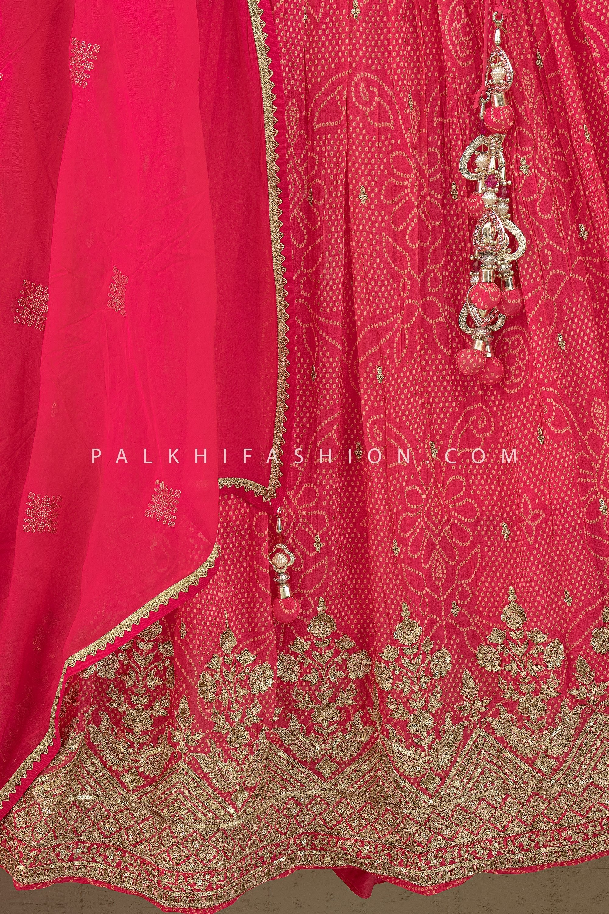 Rani Pink Bandhani Lehenga Choli with Mirror & Handwork – Palkhi Fashion Houston