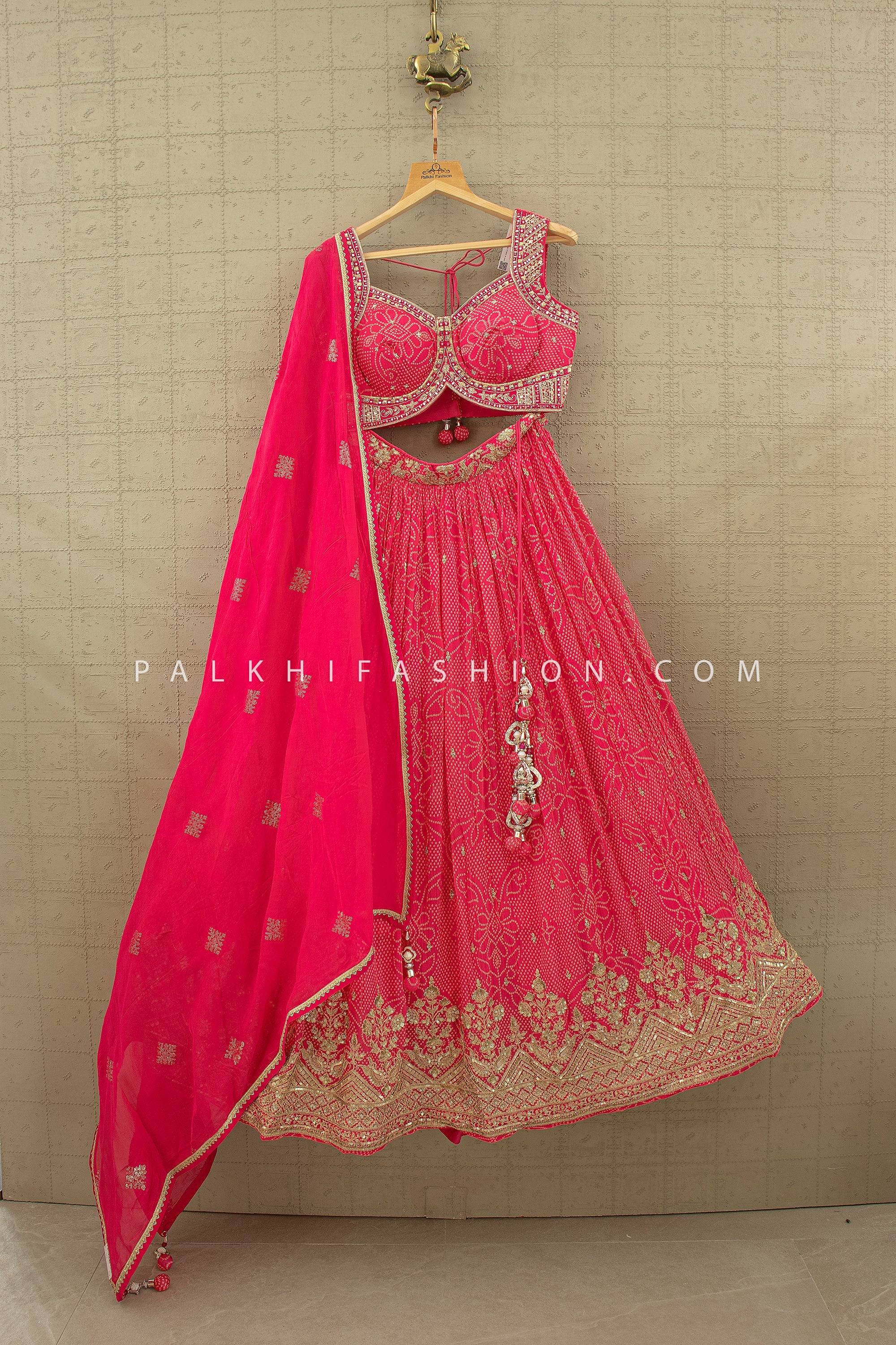 Rani Pink Bandhani Lehenga Choli with Mirror & Handwork – Palkhi Fashion Houston