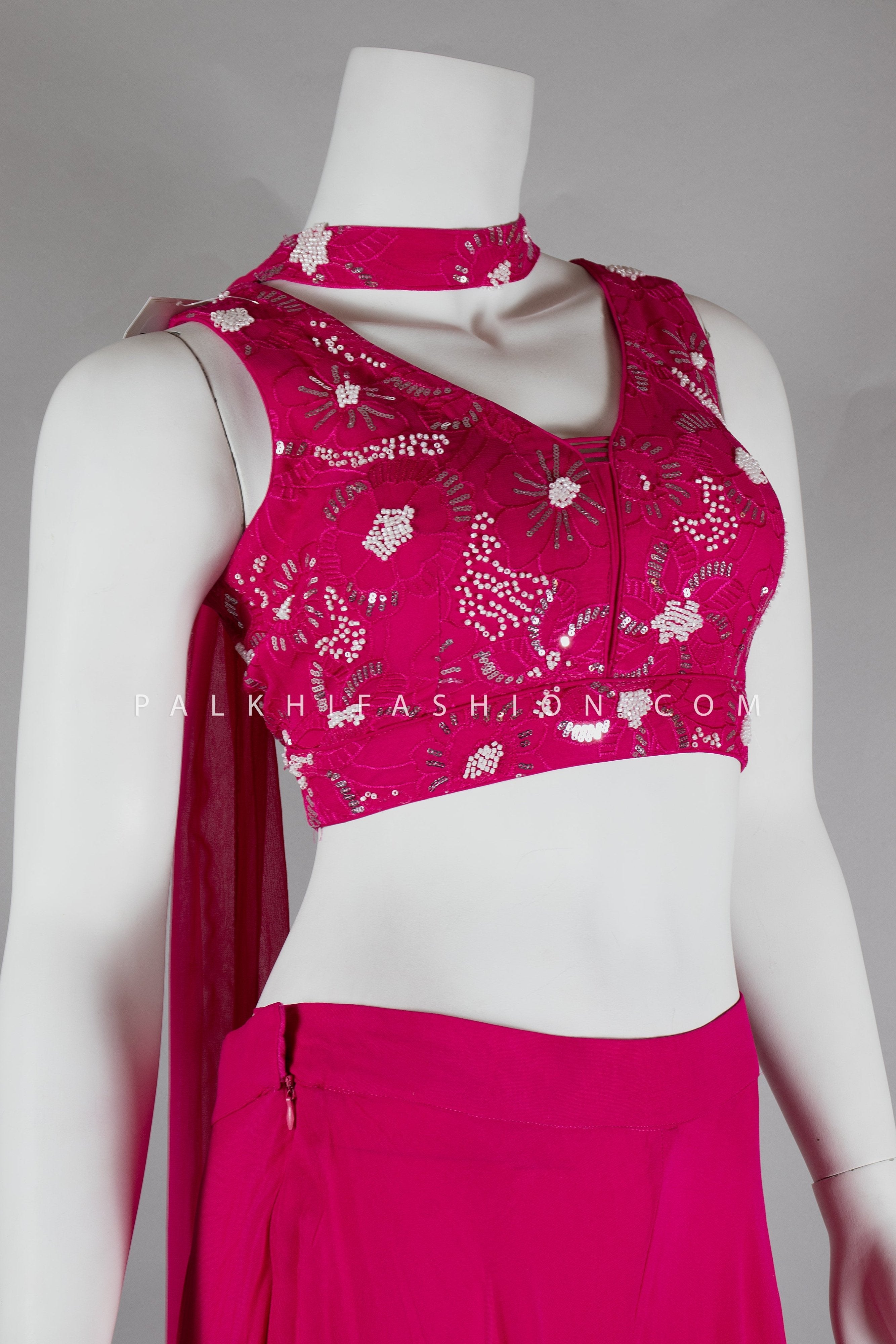 Rani Pink Embroidered Crop Top Palazzo Set | Palkhi Fashion