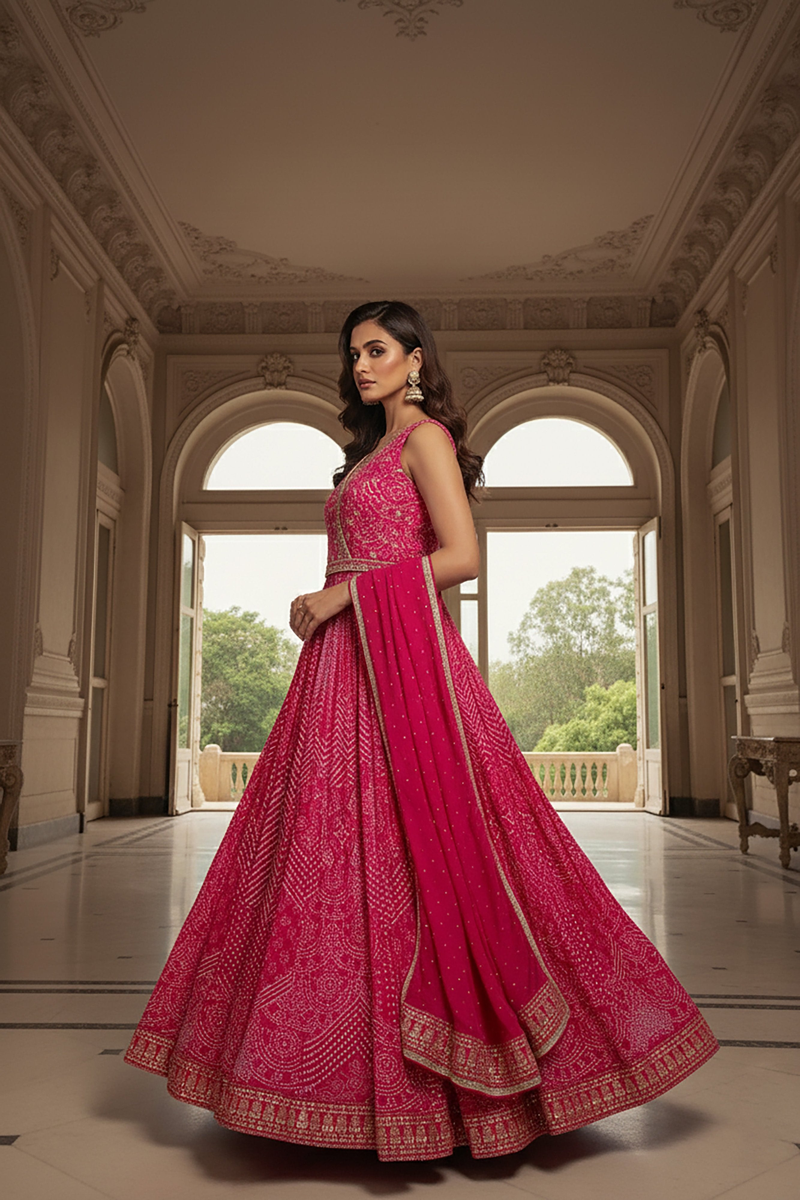 Rani Radiance: Rani Pink Bandhani Outfit with Handwork and Dupatta