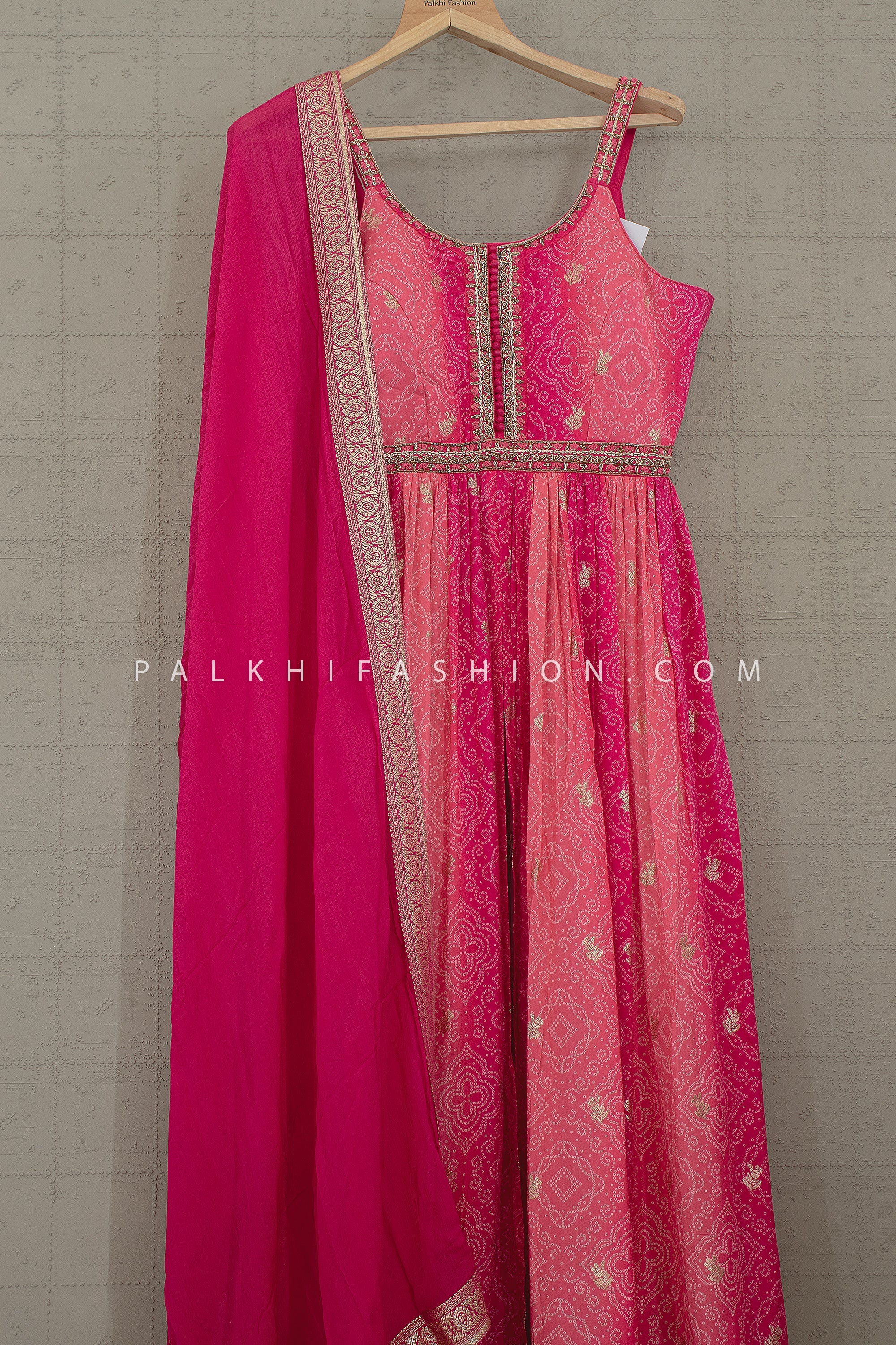 Rani Raga Glow: Rani Pink Shaded Bandhani Front - Slit Palazzo Set with Handwork– Palkhi Fashion