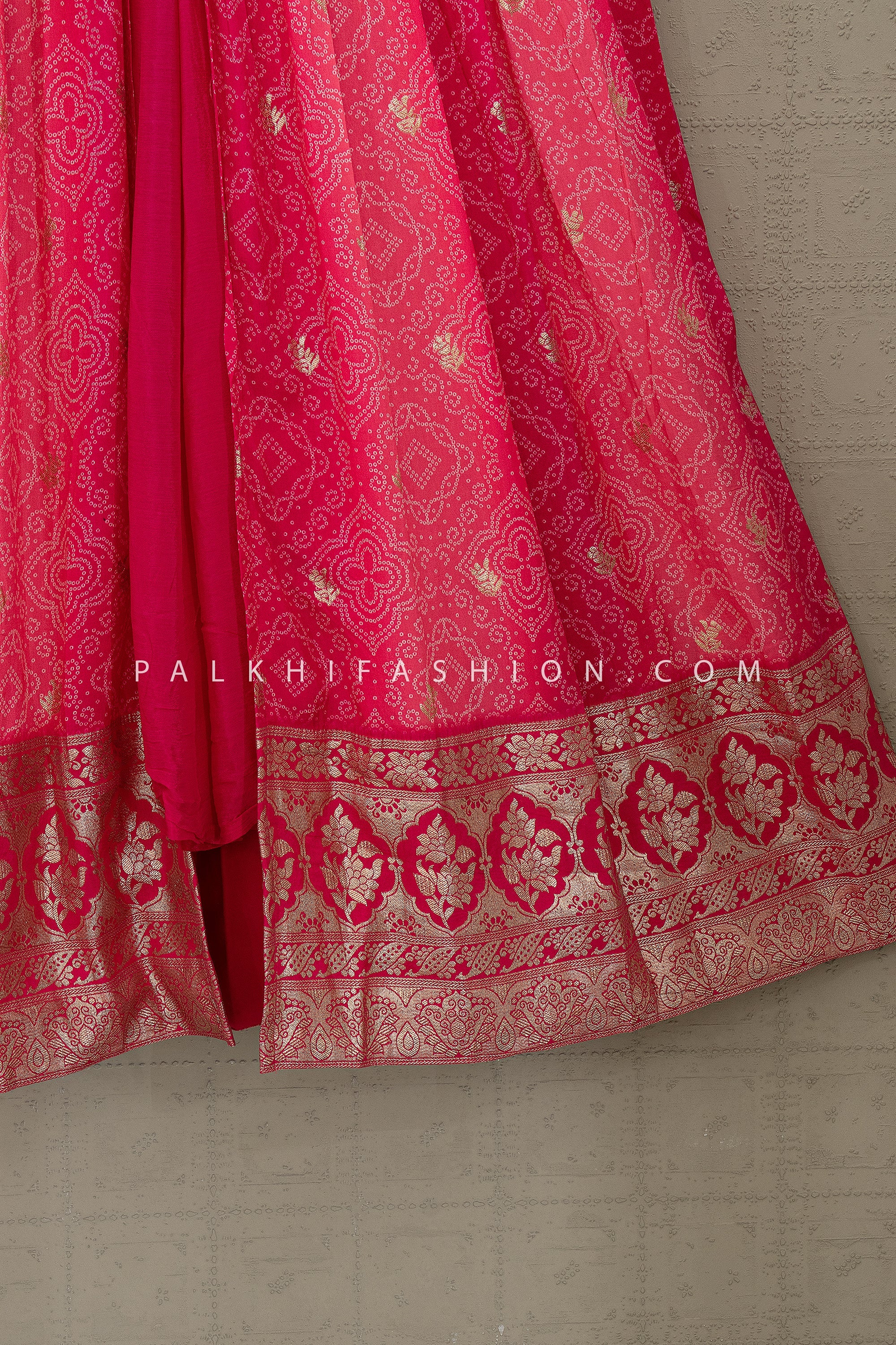 Rani Raga Glow: Rani Pink Shaded Bandhani Front - Slit Palazzo Set with Handwork– Palkhi Fashion