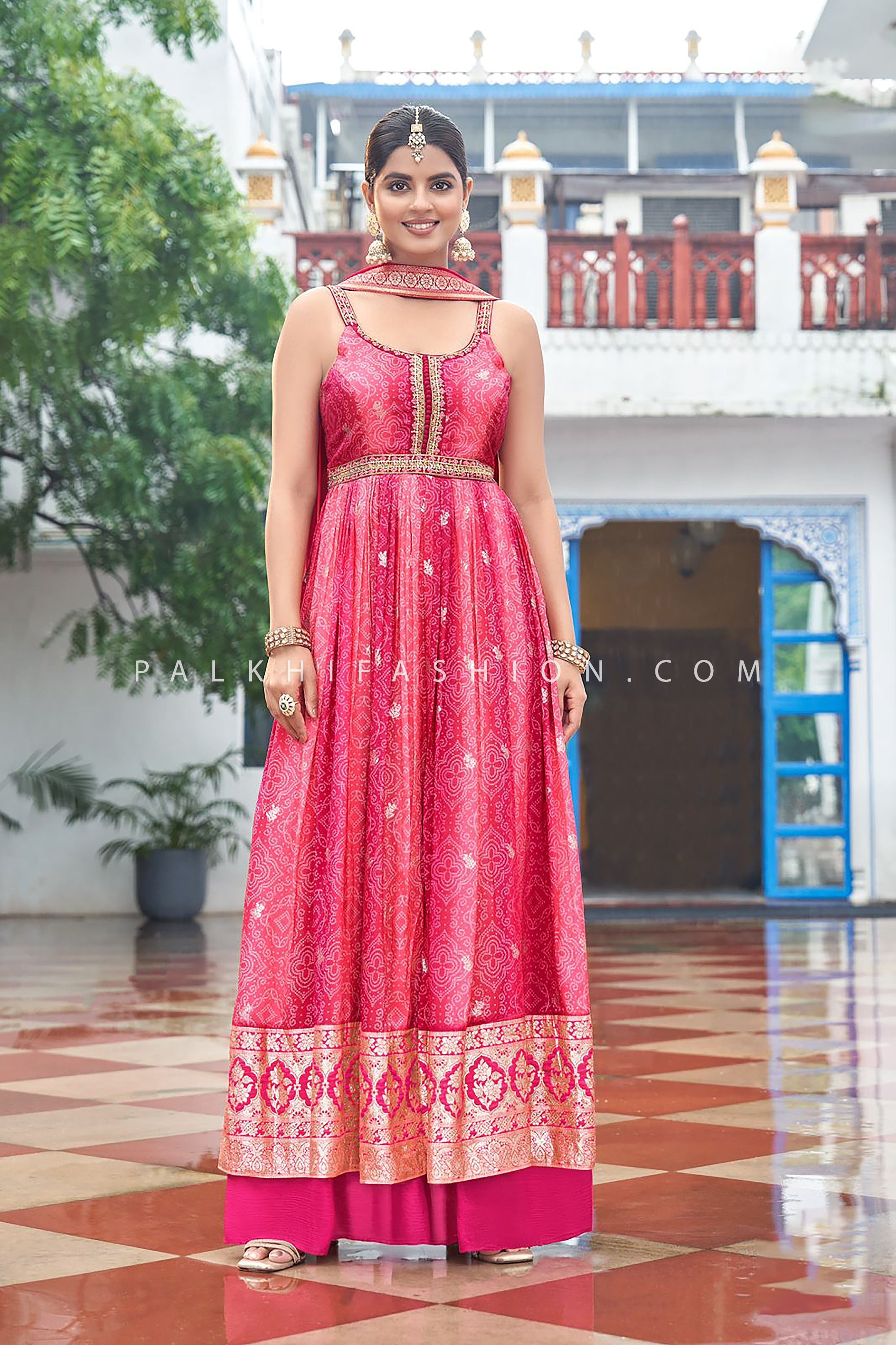 Rani Raga Glow: Rani Pink Shaded Bandhani Front - Slit Palazzo Set with Handwork– Palkhi Fashion