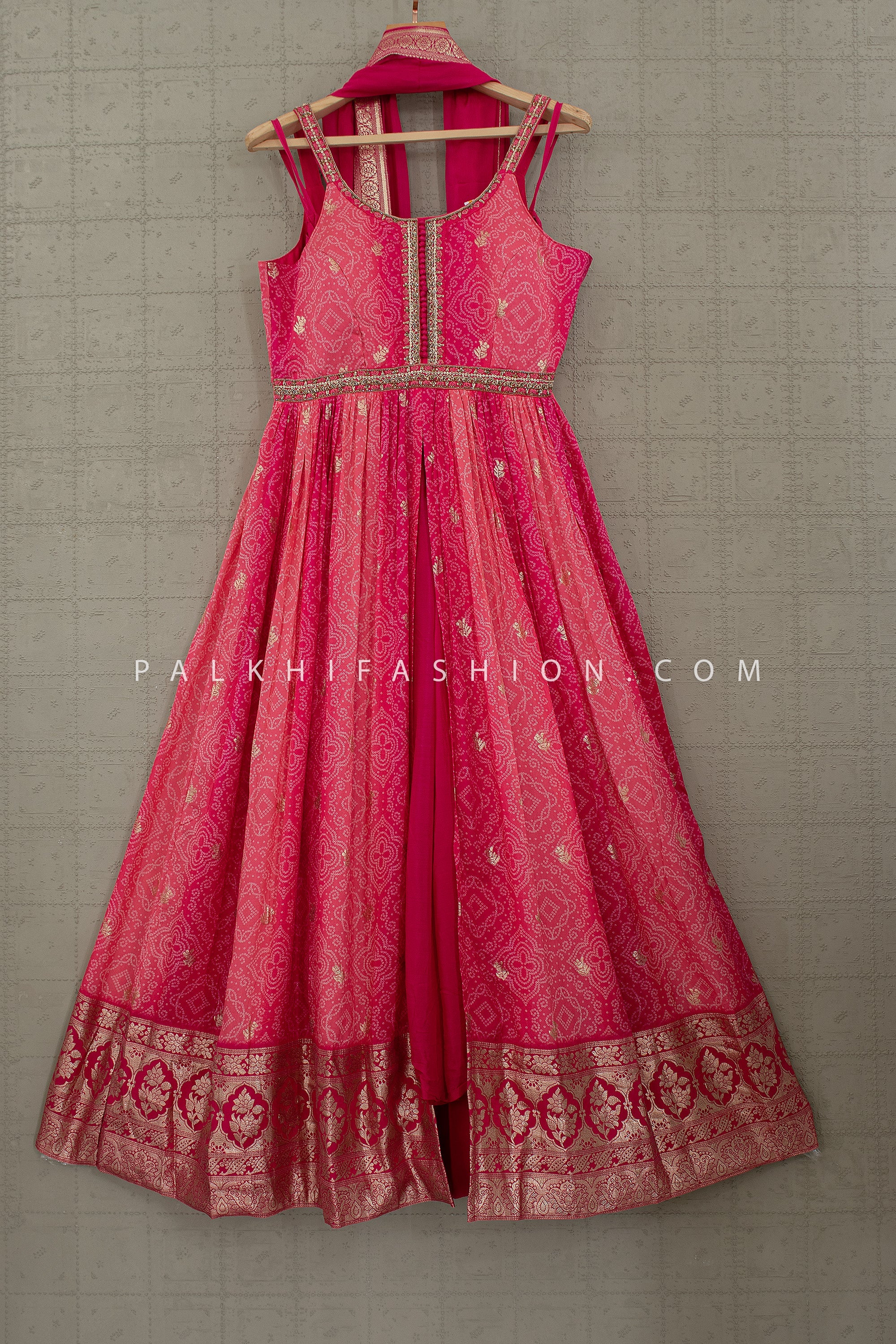 Rani Raga Glow: Rani Pink Shaded Bandhani Front - Slit Palazzo Set with Handwork– Palkhi Fashion