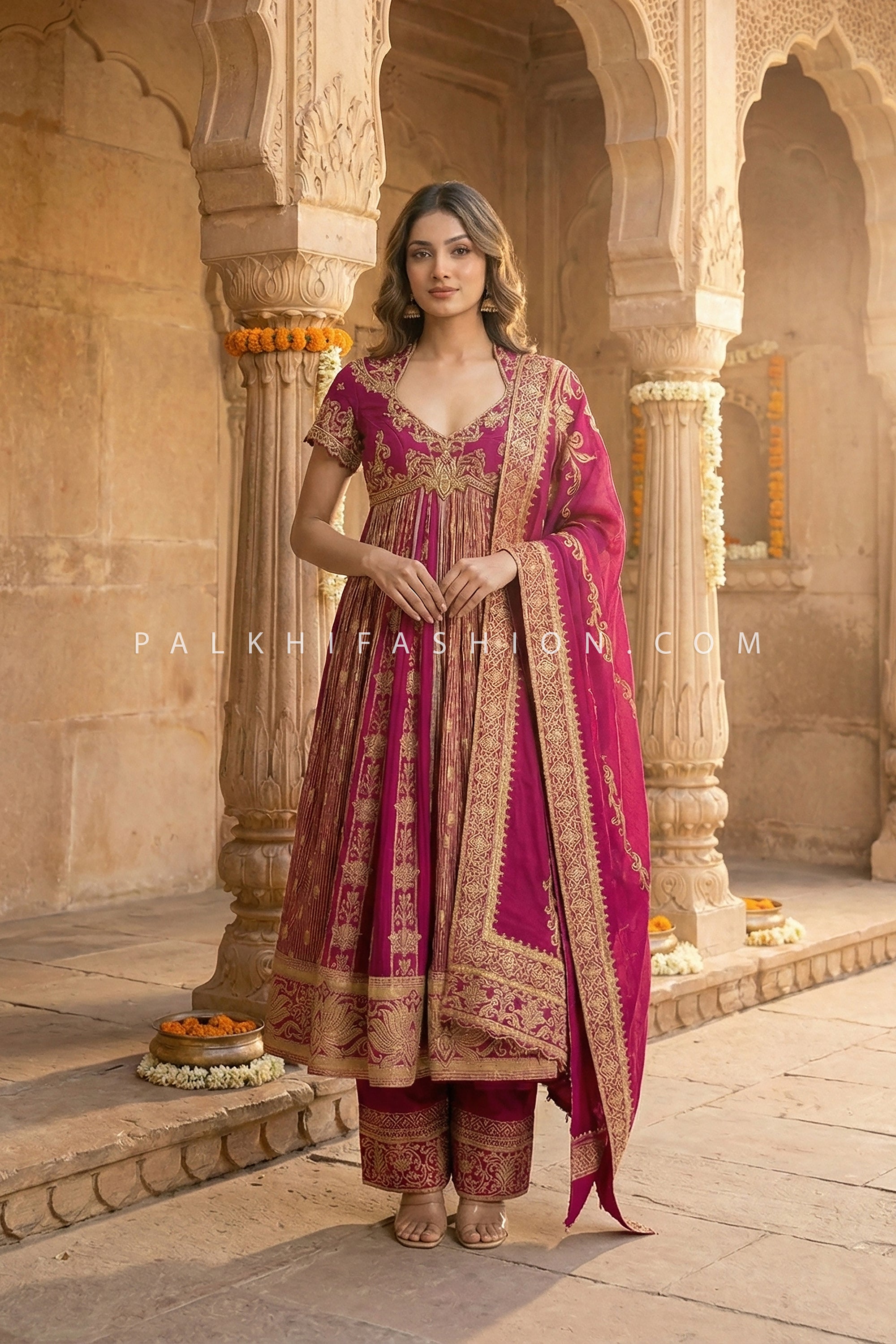 Rani Rooh: Pure Silk Handwork Anarkali Palazzo Set in Rani Pink – Palkhi Fashion Houston