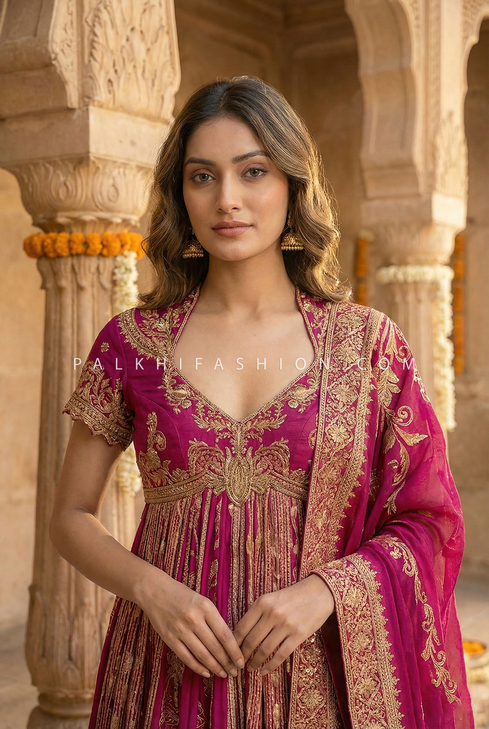 Rani Rooh: Pure Silk Handwork Anarkali Palazzo Set in Rani Pink – Palkhi Fashion Houston