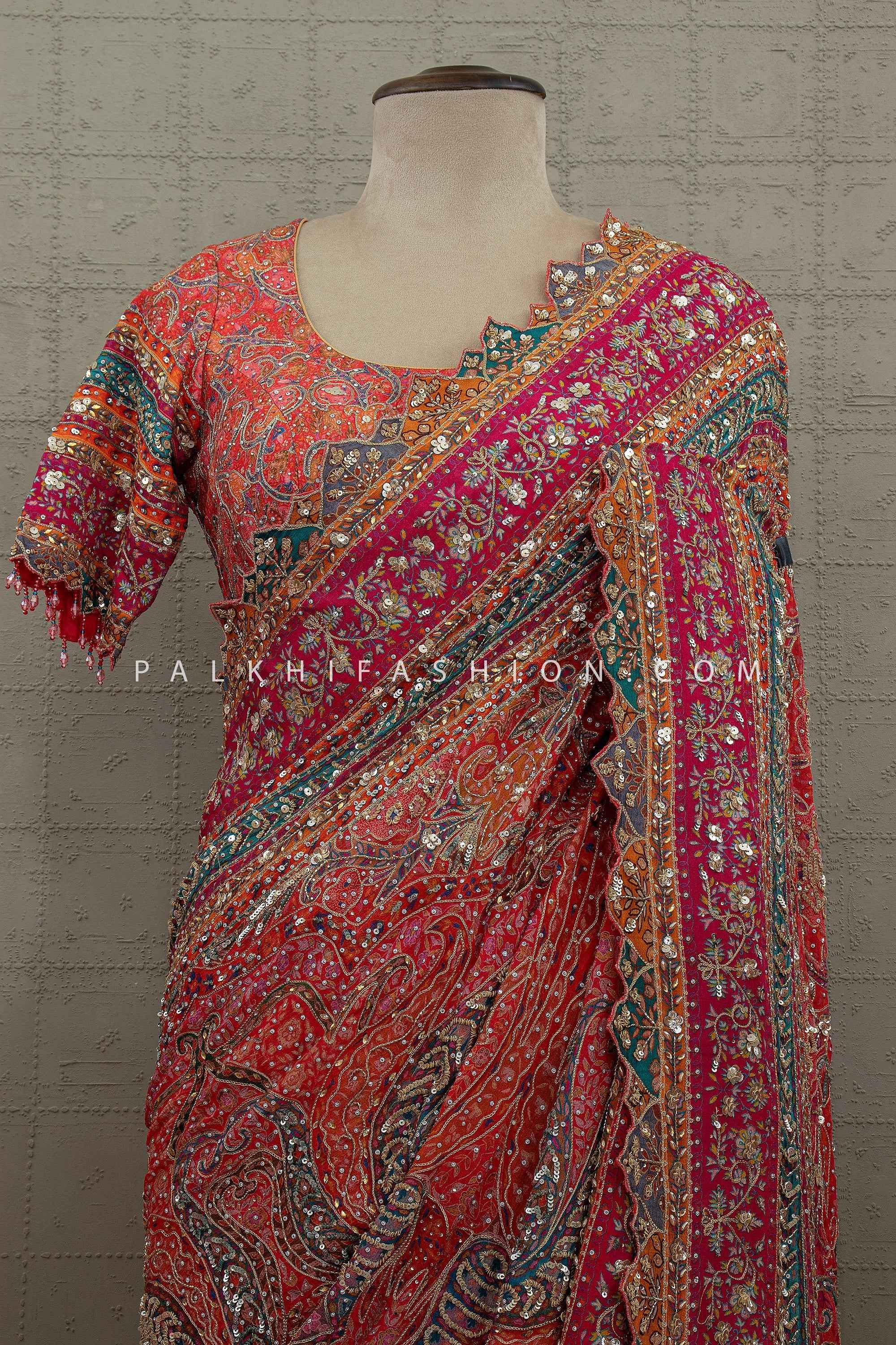 Regal Artisan Edit – Vermillion Heritage Handwork Crepe Saree – Palkhi Fashion