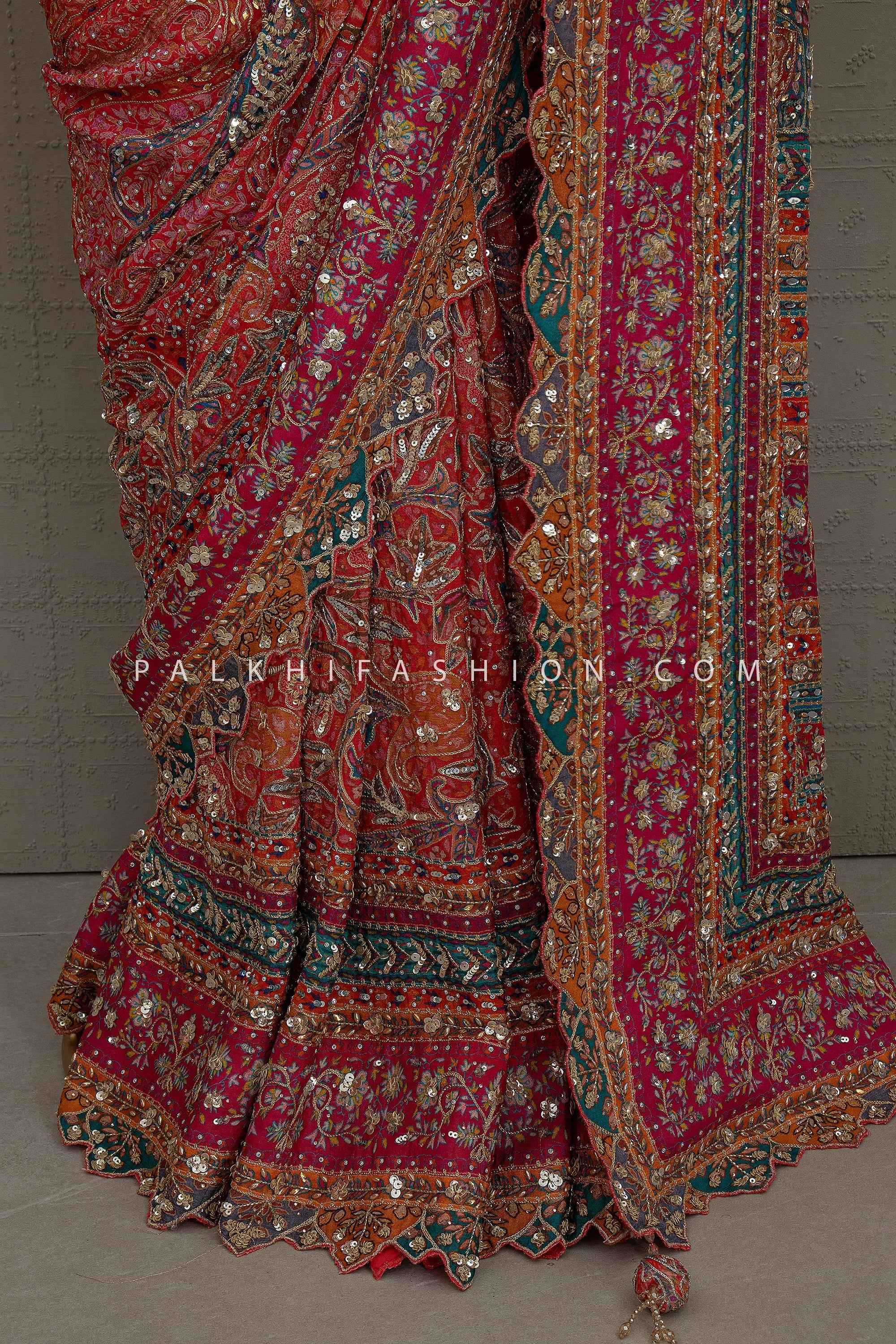 Regal Artisan Edit – Vermillion Heritage Handwork Crepe Saree – Palkhi Fashion