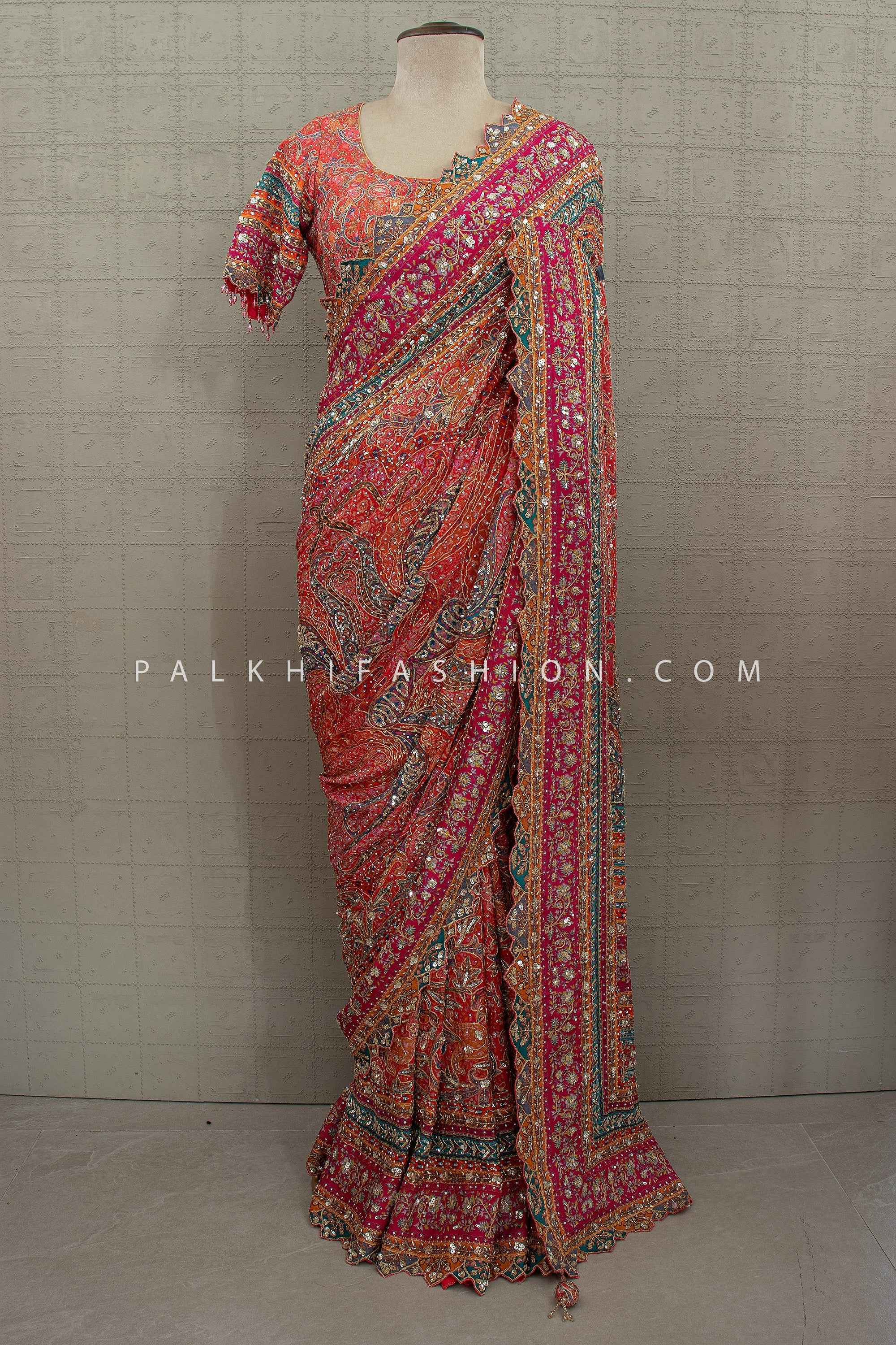 Regal Artisan Edit – Vermillion Heritage Handwork Crepe Saree – Palkhi Fashion