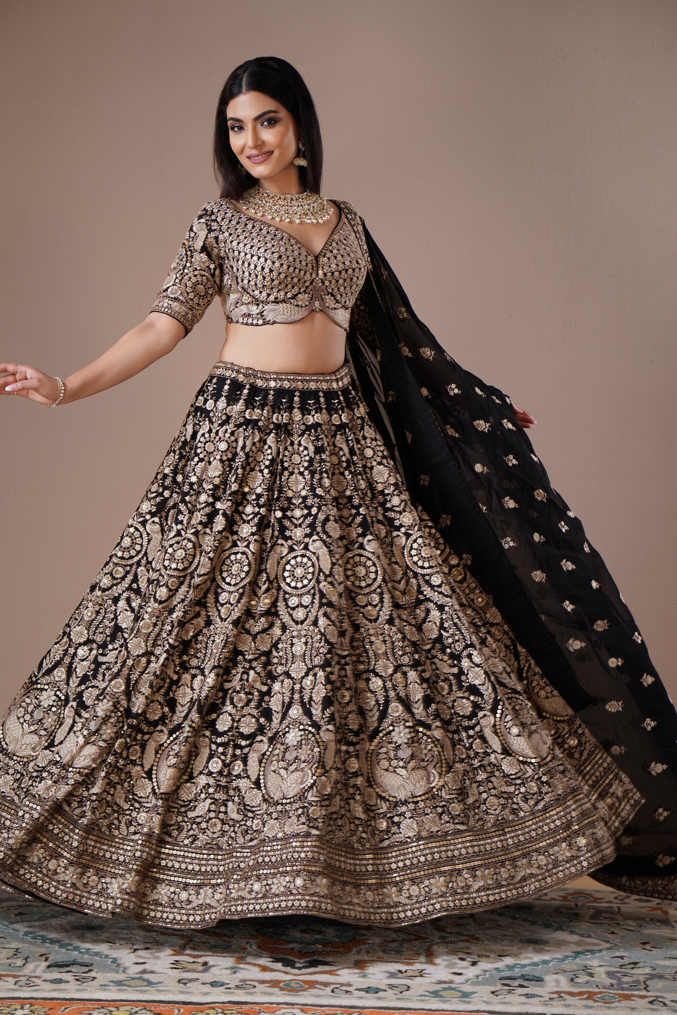 Regal Black Lehenga Choli with Antique Embroidery work – Palkhi Fashion