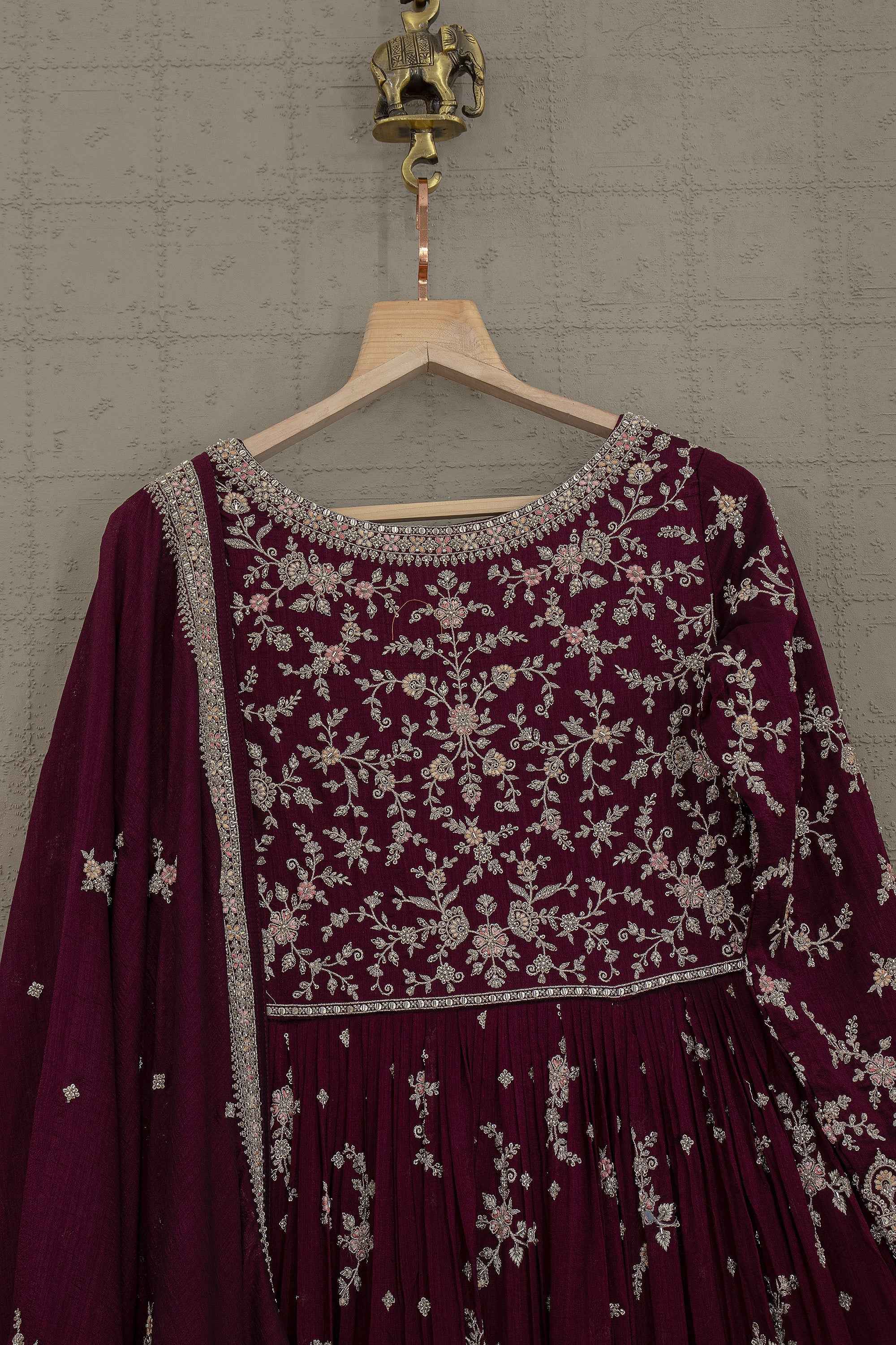 Regal Bloom Wine Embroidered Anarkali Gown with Intricate Work | Palkhi Fashion