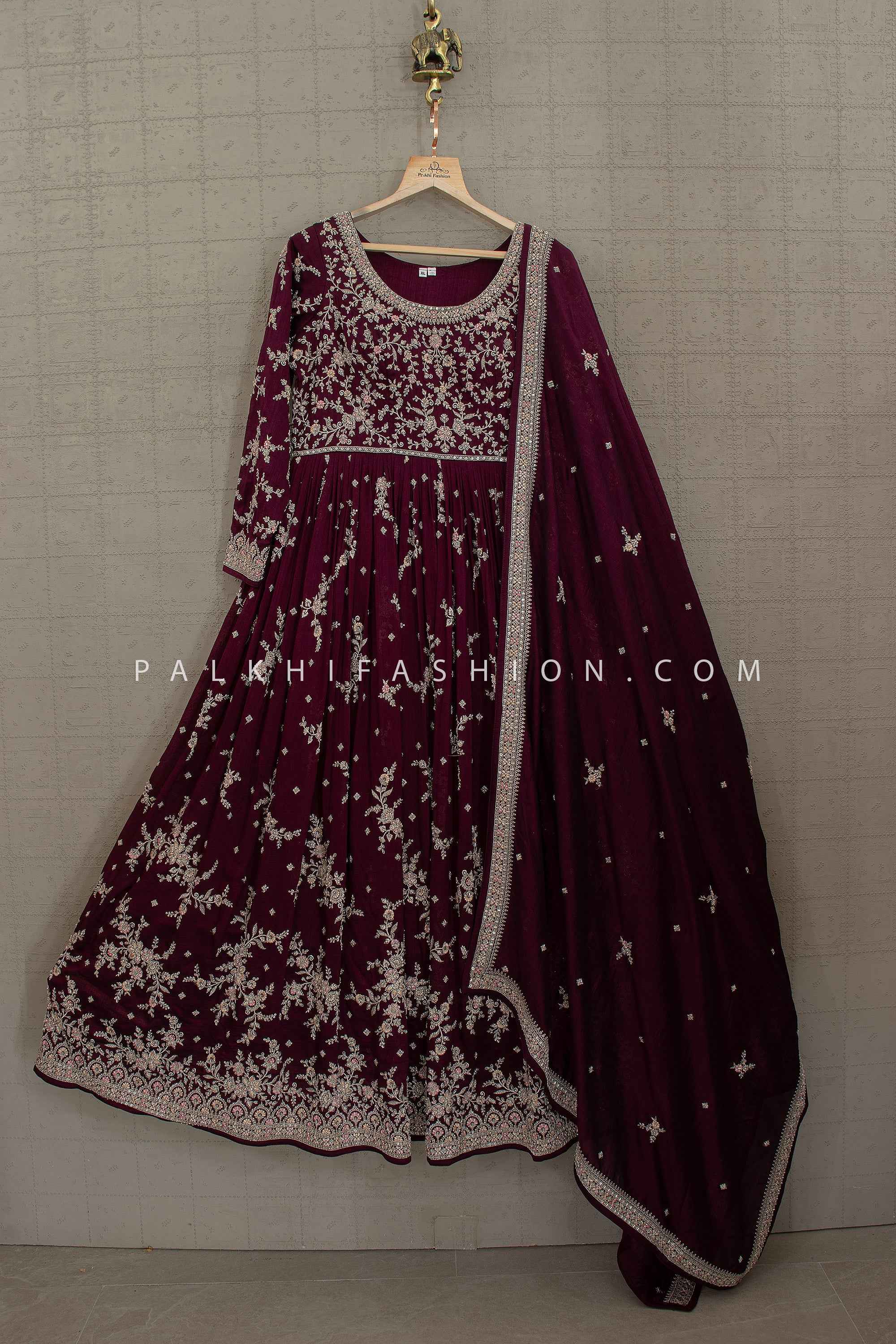 Regal Bloom Wine Embroidered Anarkali Gown with Intricate Work | Palkhi Fashion