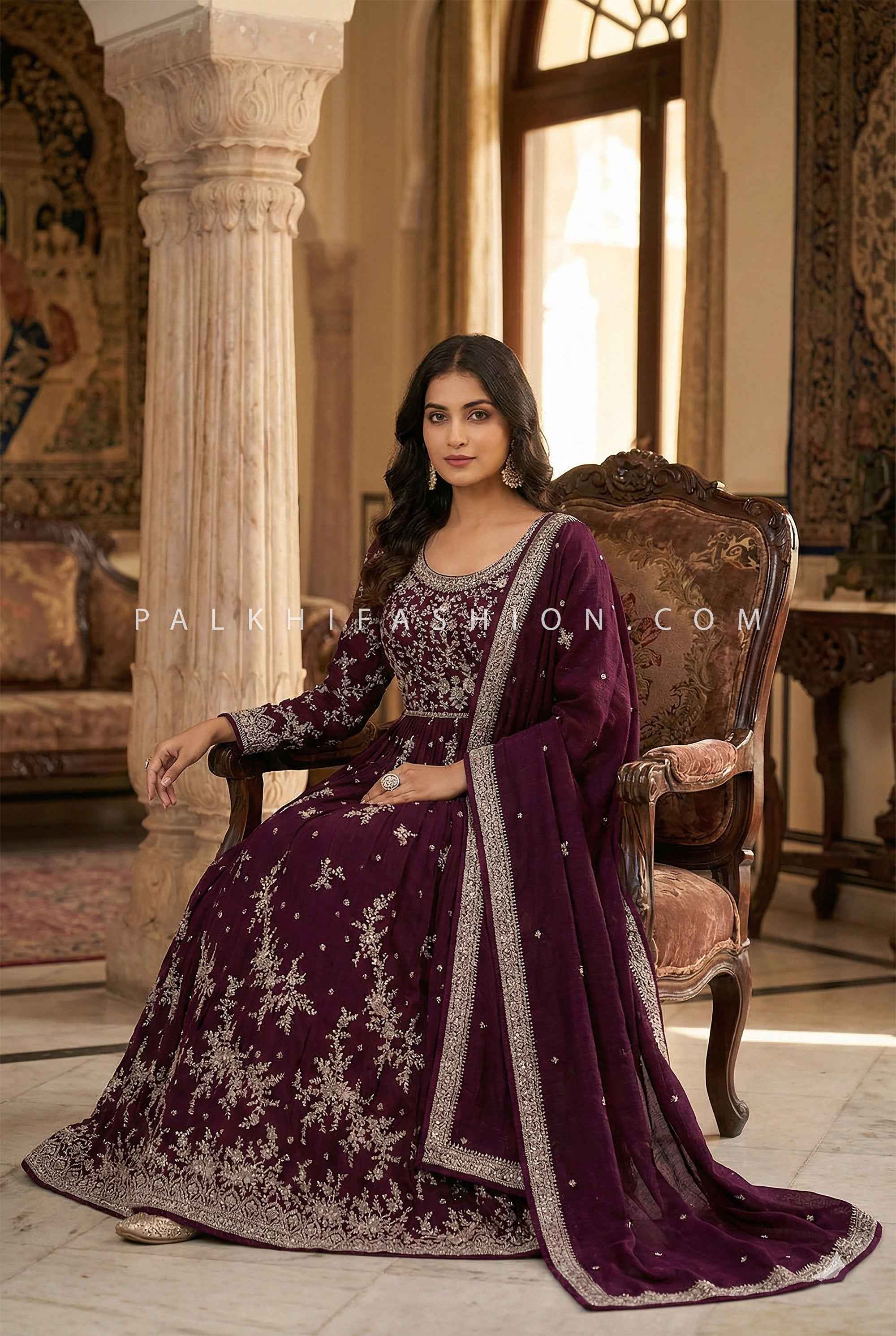 Regal Bloom Wine Embroidered Anarkali Gown with Intricate Work | Palkhi Fashion
