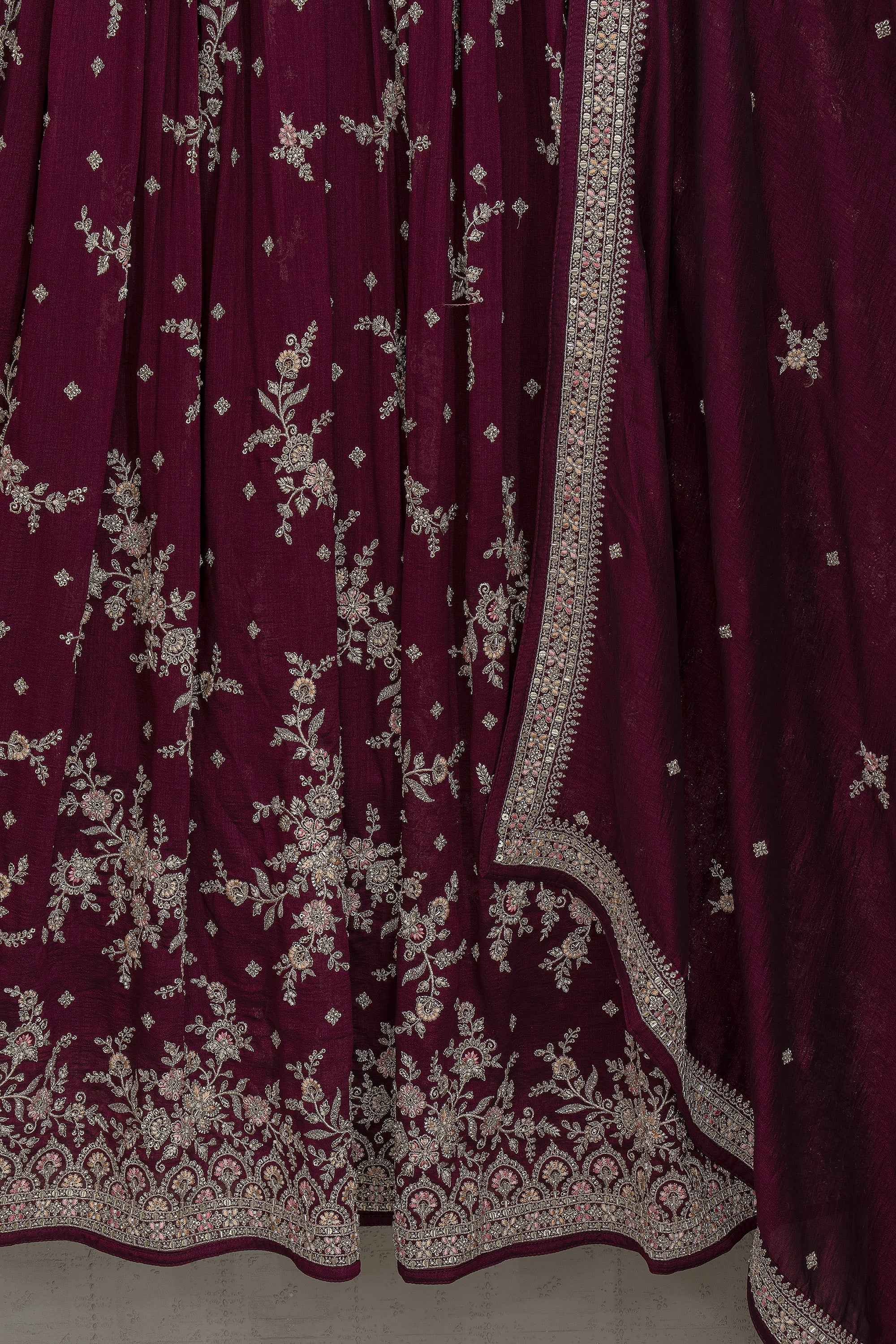 Regal Bloom Wine Embroidered Anarkali Gown with Intricate Work | Palkhi Fashion