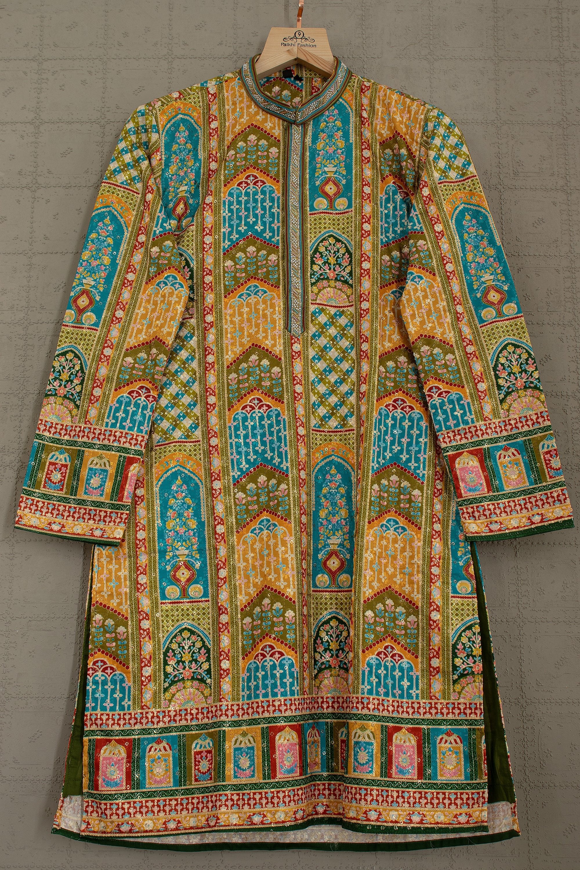 Regal Heritage: Multicolor Banarasi Brocade Kurta with Mughal Jaal Design – Palkhi Fashion