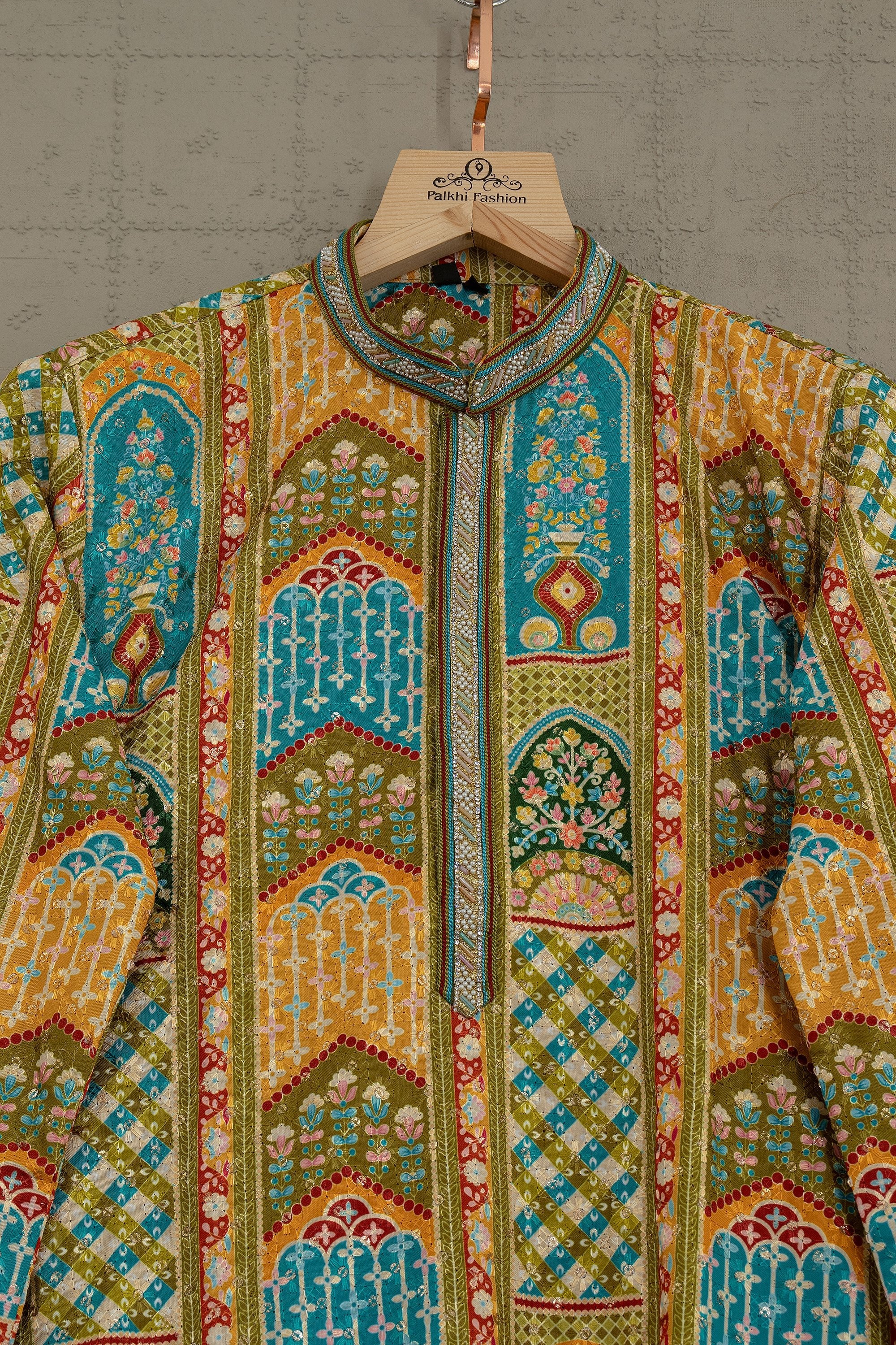 Regal Heritage: Multicolor Banarasi Brocade Kurta with Mughal Jaal Design – Palkhi Fashion