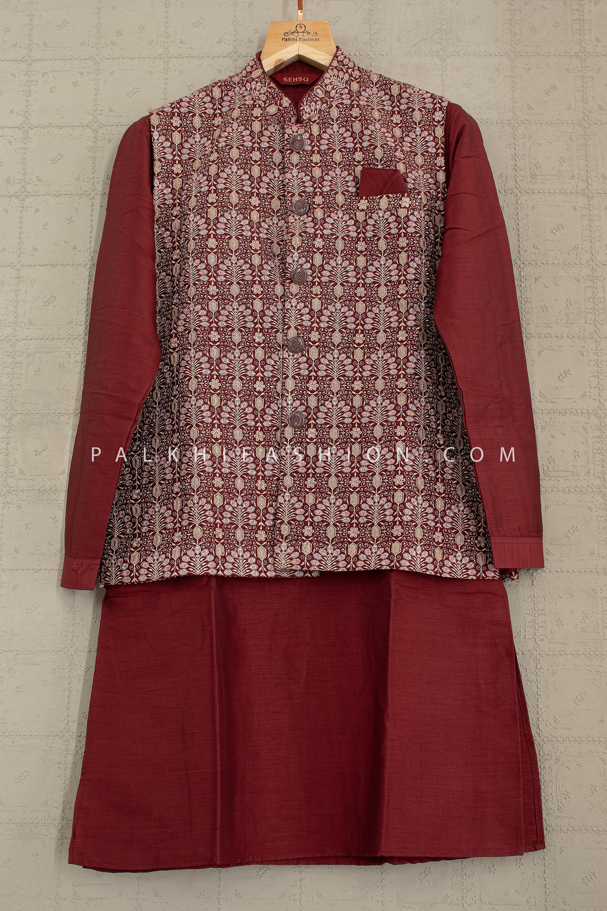 🥀 Regal Maroon Embroidered Kurta Jacket Set – Palkhi Fashion